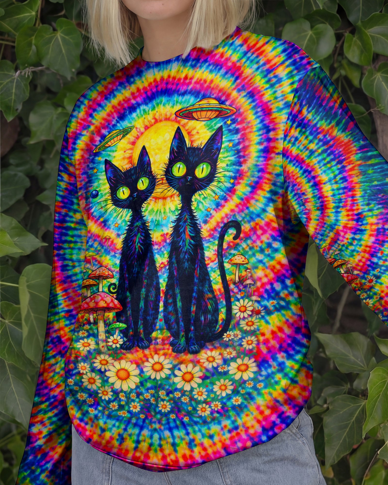 PSYCHEDELIC BLACK CAT COLORFUL SWIRL ALL OVER PRINT - TLTW2801262