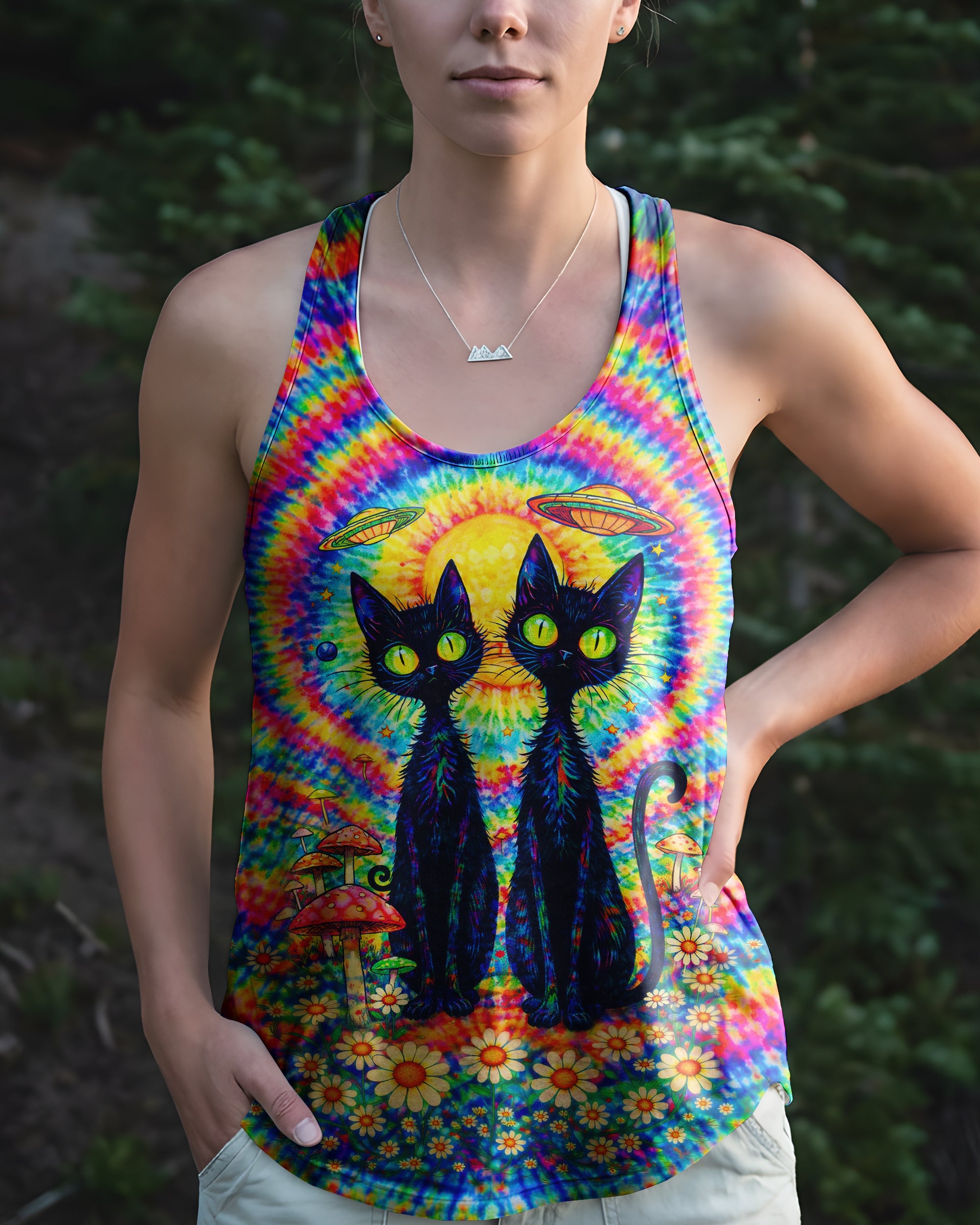 PSYCHEDELIC BLACK CAT COLORFUL SWIRL ALL OVER PRINT - TLTW2801262