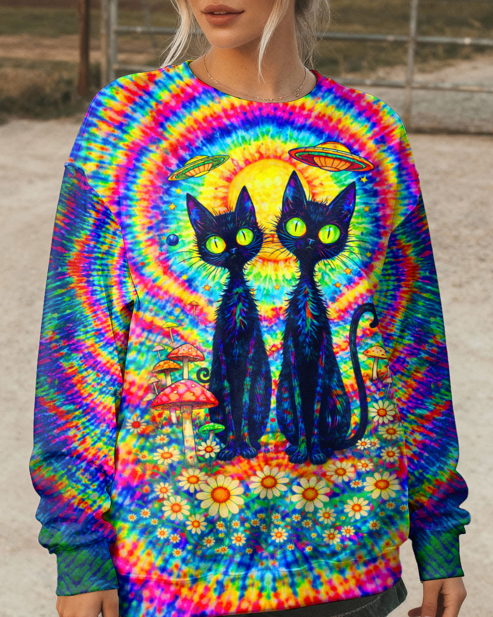 PSYCHEDELIC BLACK CAT COLORFUL SWIRL ALL OVER PRINT - TLTW2801262