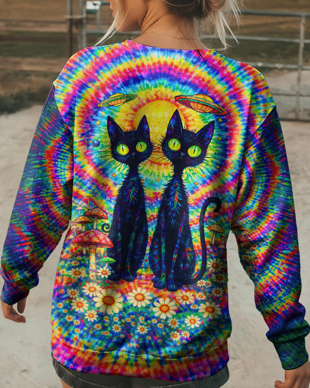 PSYCHEDELIC BLACK CAT COLORFUL SWIRL ALL OVER PRINT - TLTW2801262