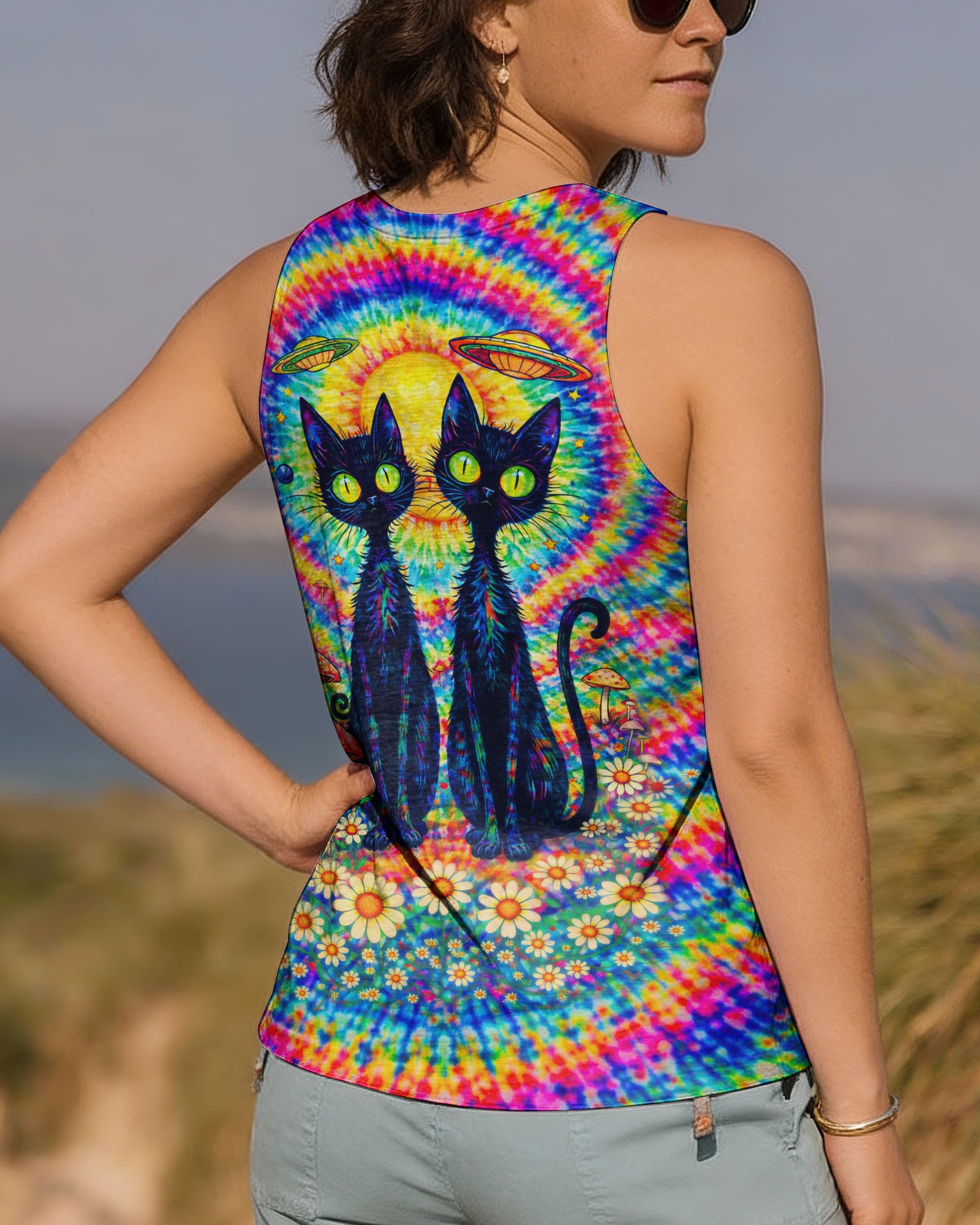PSYCHEDELIC BLACK CAT COLORFUL SWIRL ALL OVER PRINT - TLTW2801262