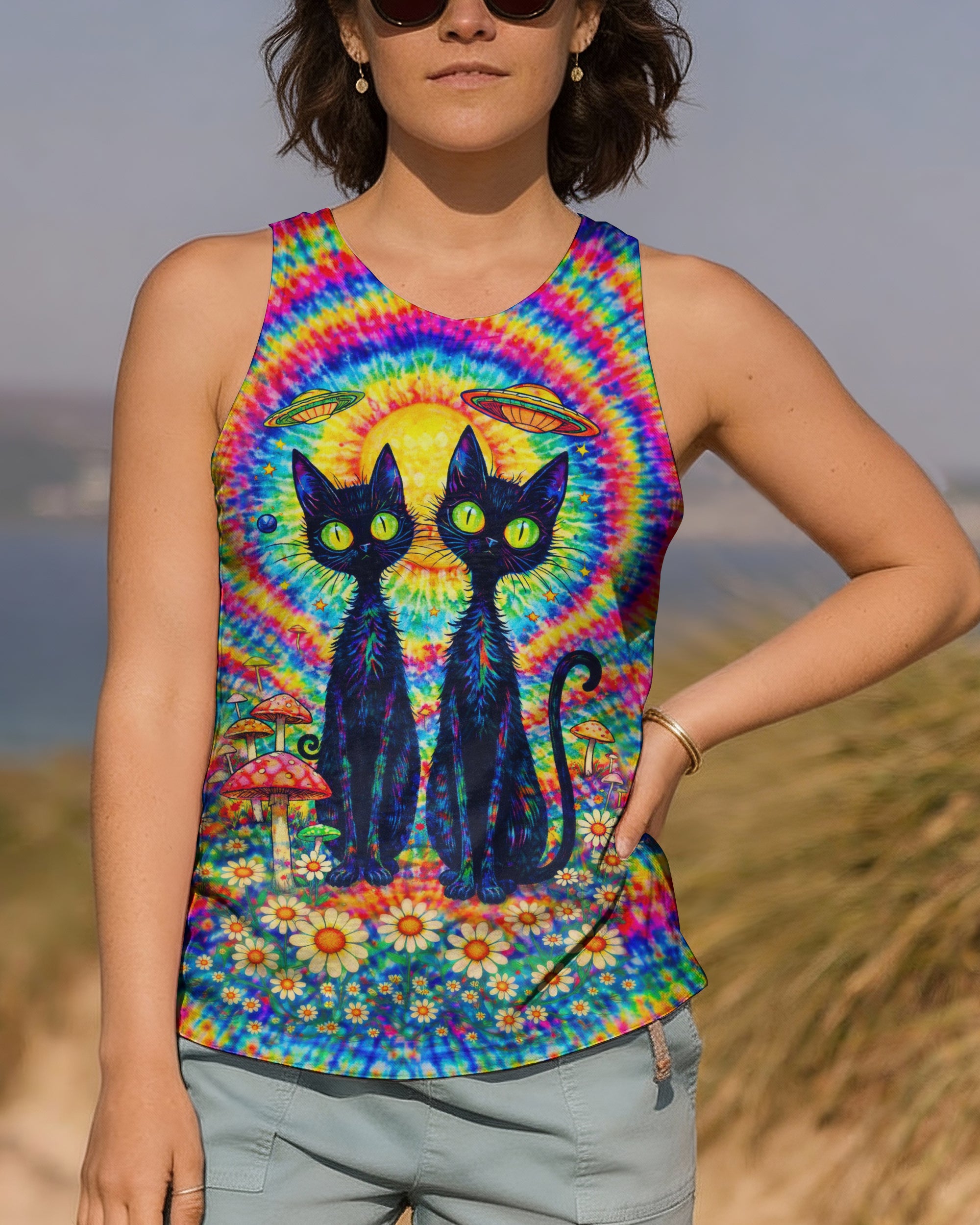 PSYCHEDELIC BLACK CAT COLORFUL SWIRL ALL OVER PRINT - TLTW2801262