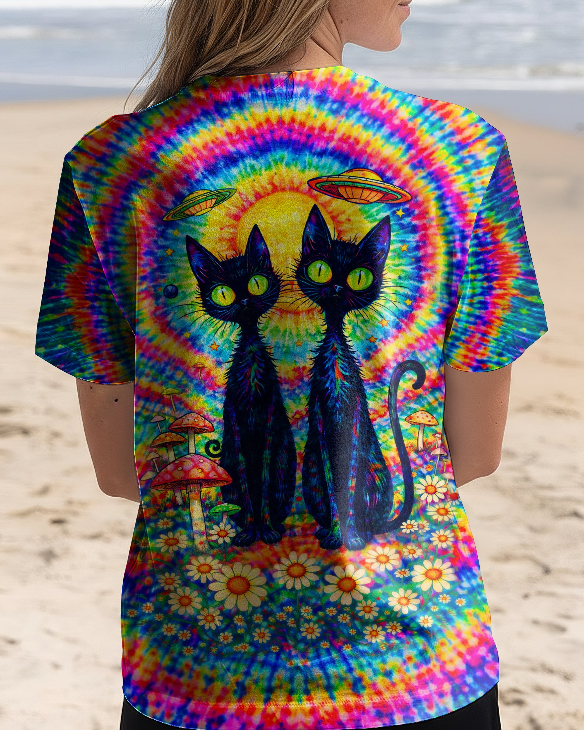 PSYCHEDELIC BLACK CAT COLORFUL SWIRL ALL OVER PRINT - TLTW2801262