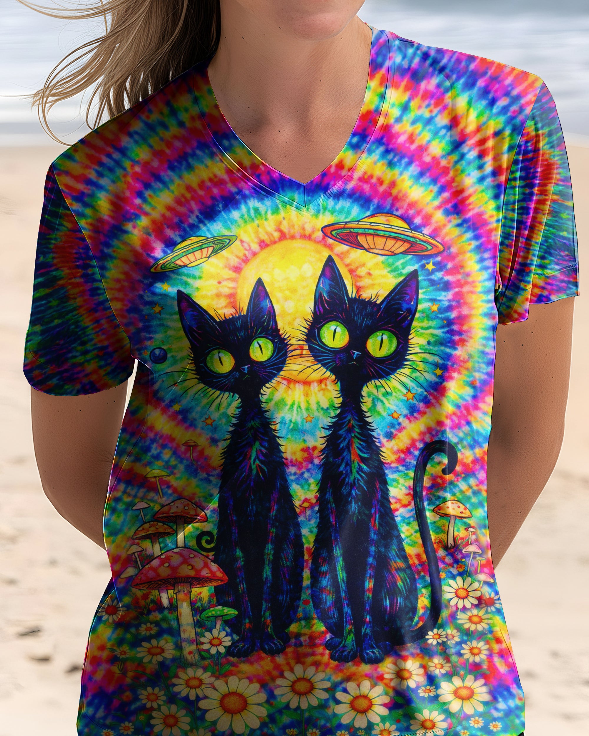 PSYCHEDELIC BLACK CAT COLORFUL SWIRL ALL OVER PRINT - TLTW2801262