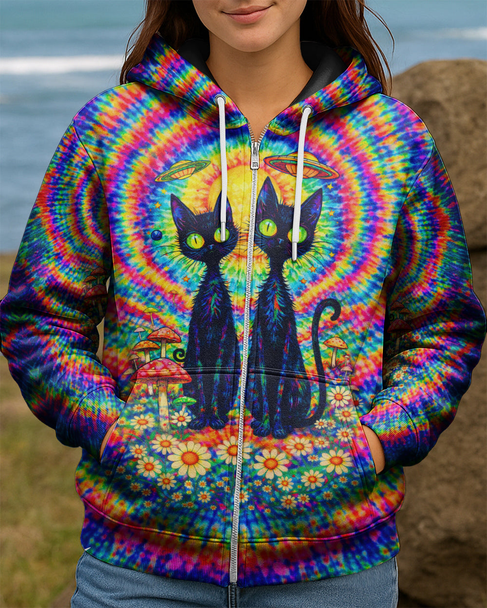 PSYCHEDELIC BLACK CAT COLORFUL SWIRL ALL OVER PRINT - TLTW2801262