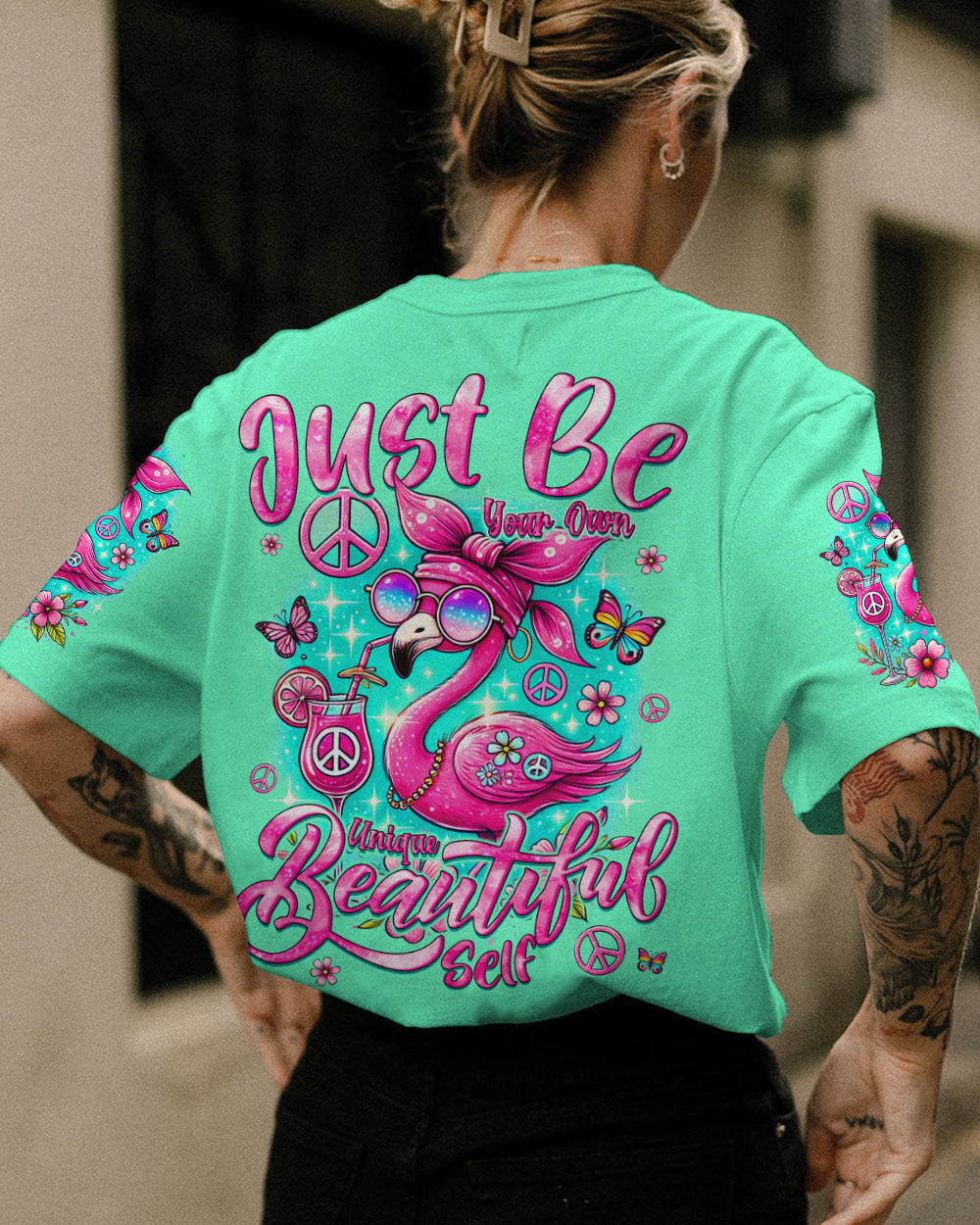 JUST BE YOUR OWN UNIQUE BEAUTIFUL SELF FLAMINGO ALL OVER PRINT - TYQY0107241