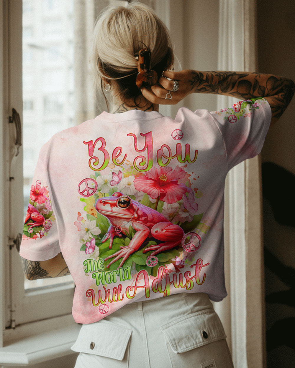 BE YOU THE WORLD WILL ADJUST PINK FROG ALL OVER PRINT - TYQY0112234