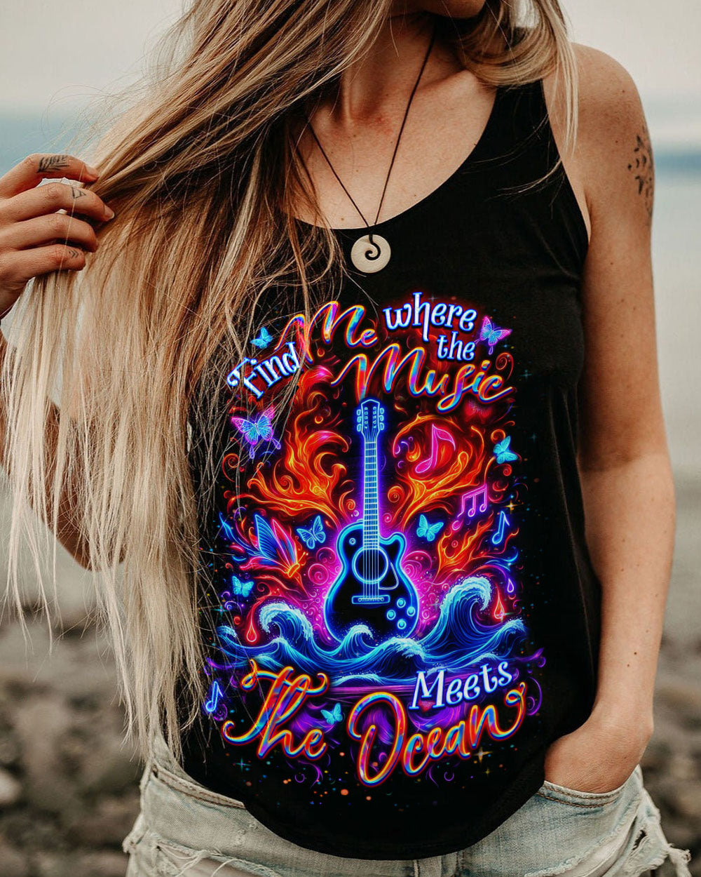 FIND ME WHERE THE MUSIC MEETS THE OCEAN GUITAR ALL OVER PRINT - YHDU1904251