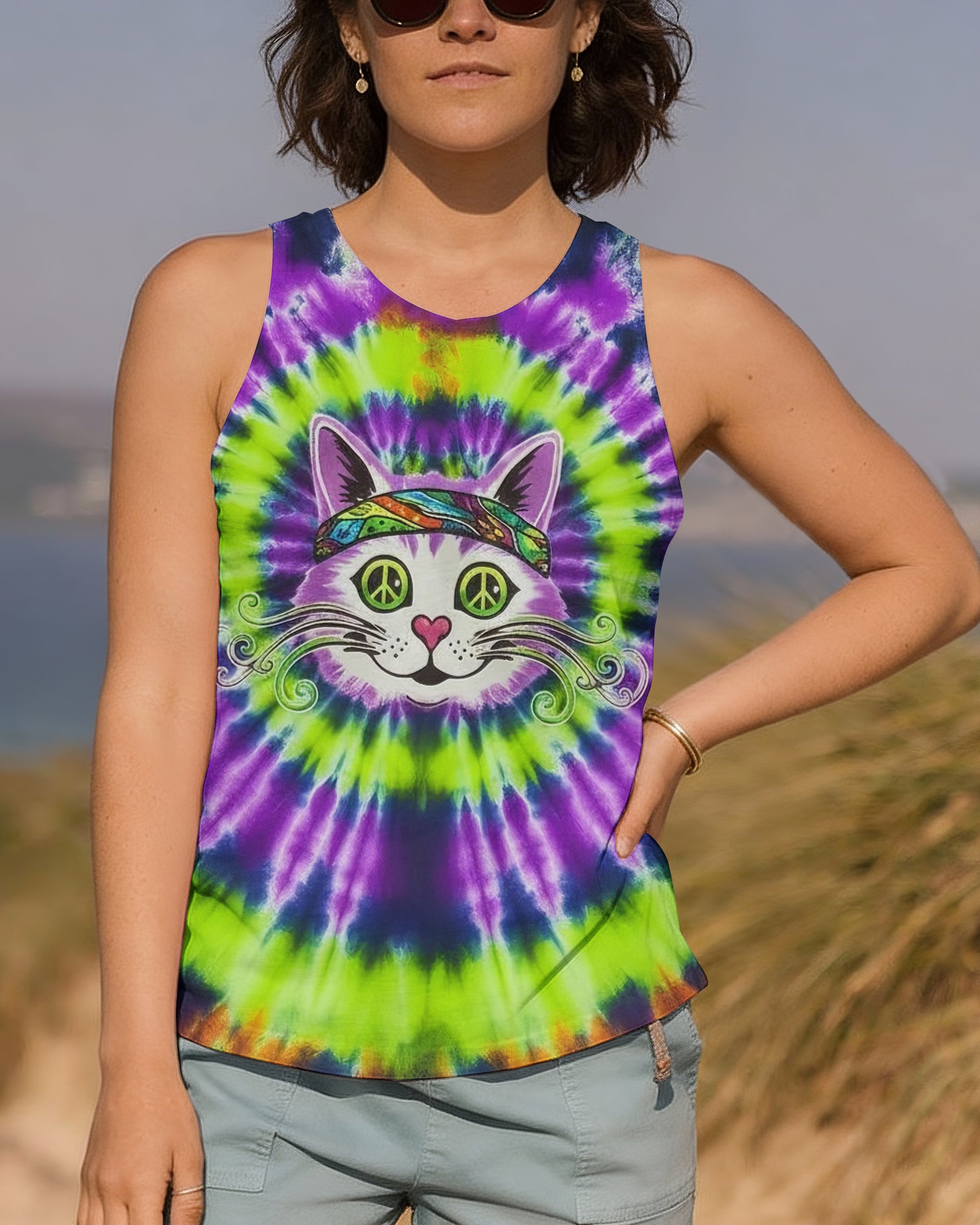 PURPLE GREEN SWIRL CAT ALL OVER PRINT - YHHG0601261