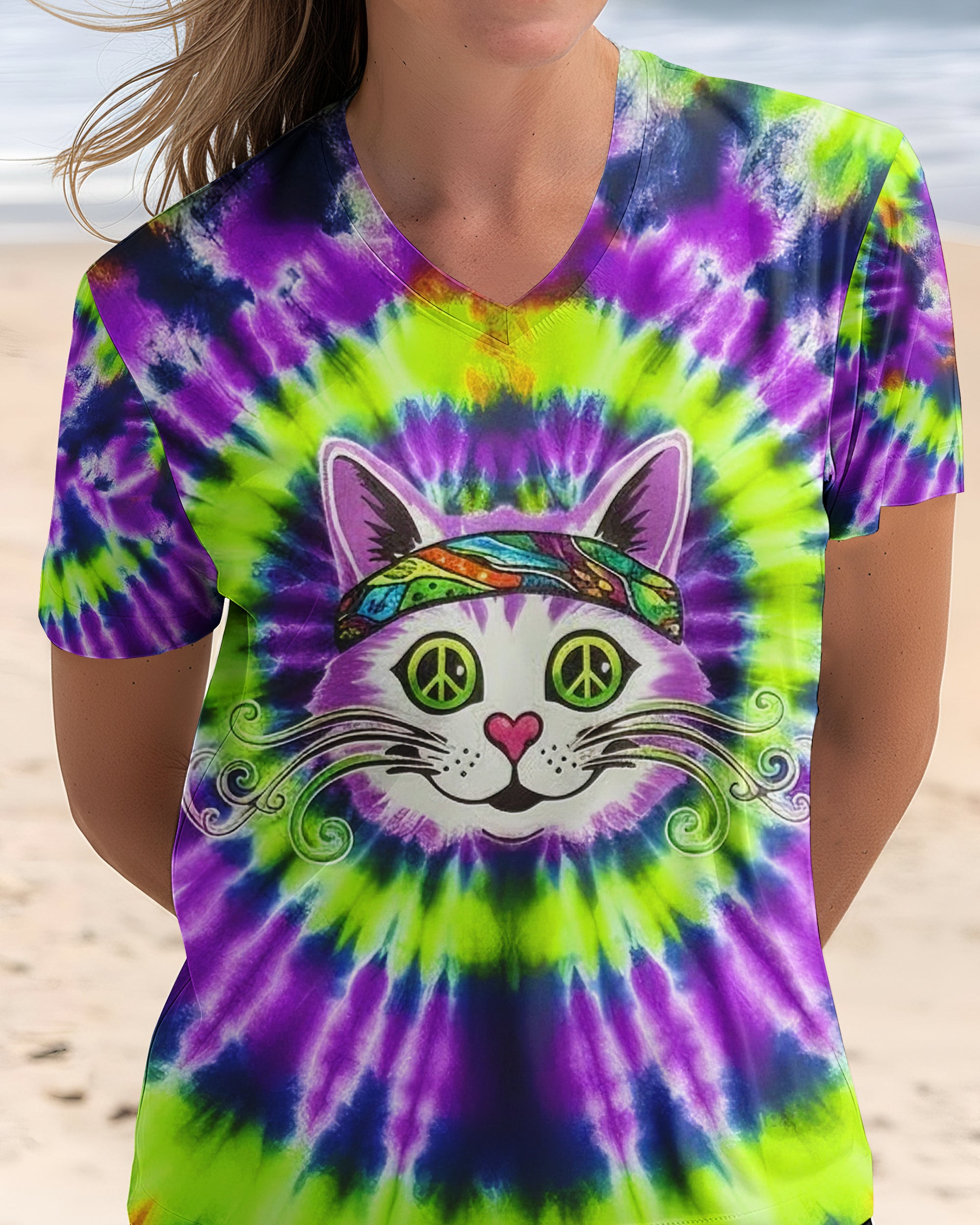 PURPLE GREEN SWIRL CAT ALL OVER PRINT - YHHG0601261