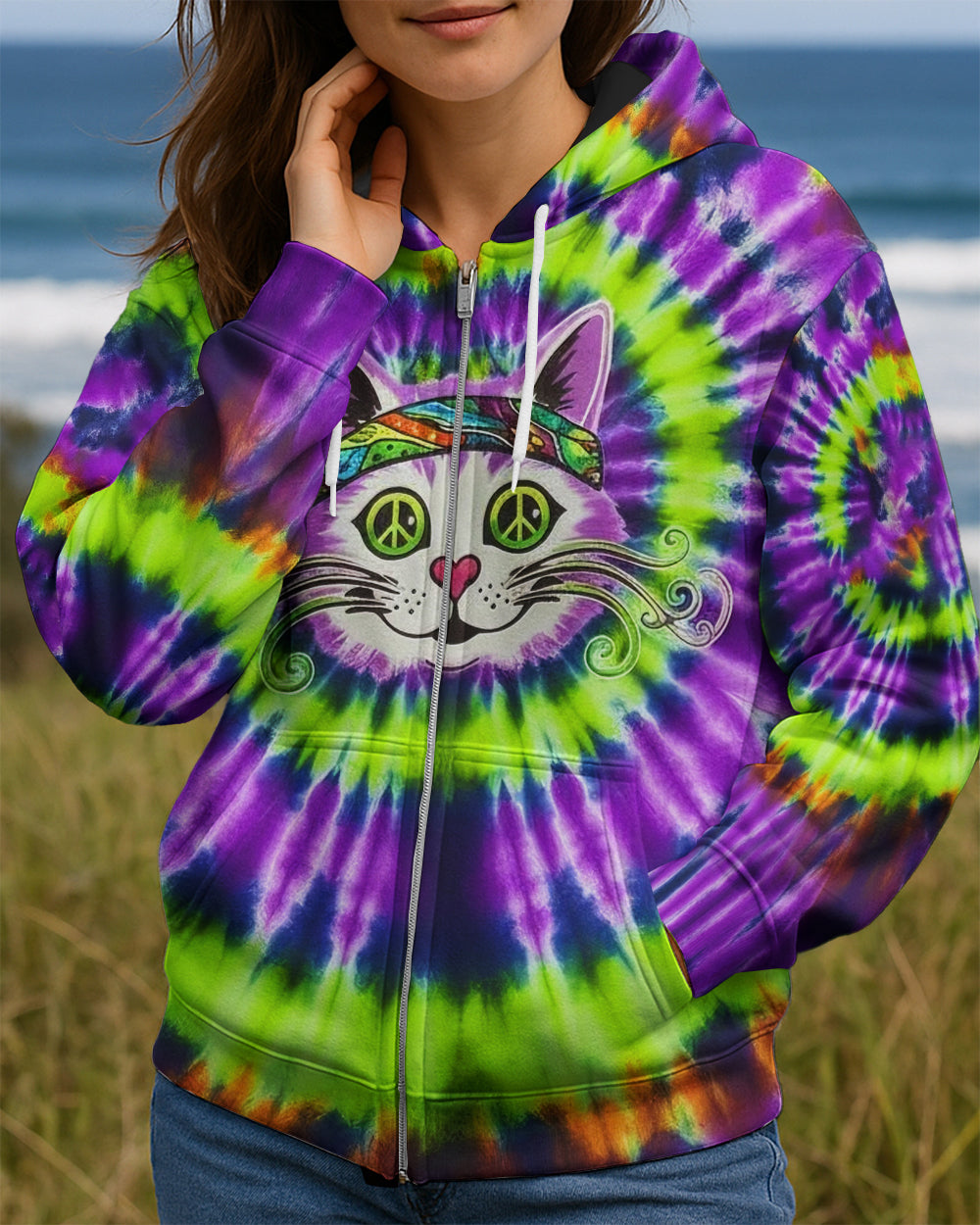 PURPLE GREEN SWIRL CAT ALL OVER PRINT - YHHG0601261