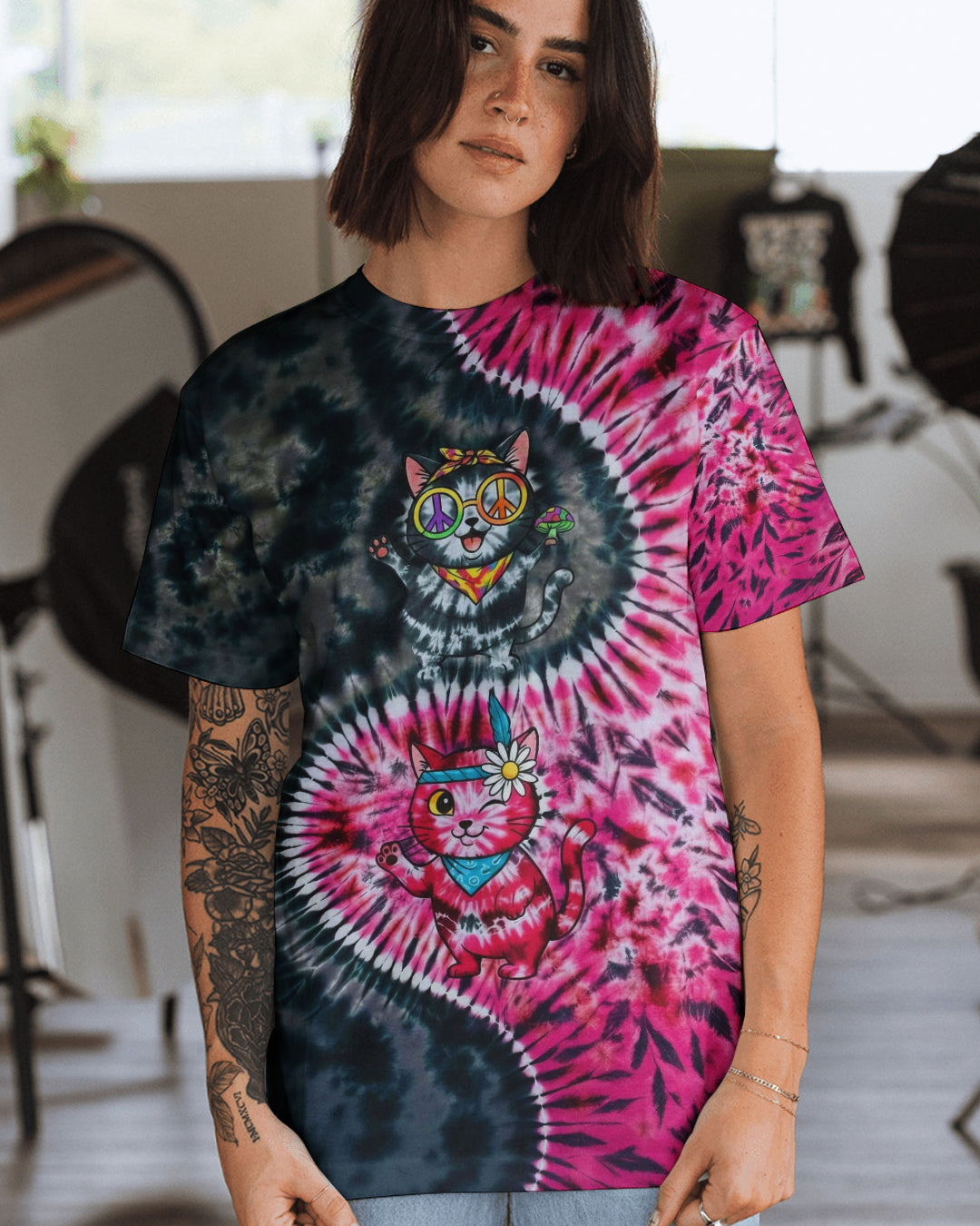 BLACK PINK PRISMATIC CATS ALL OVER PRINT - YHHG2301262