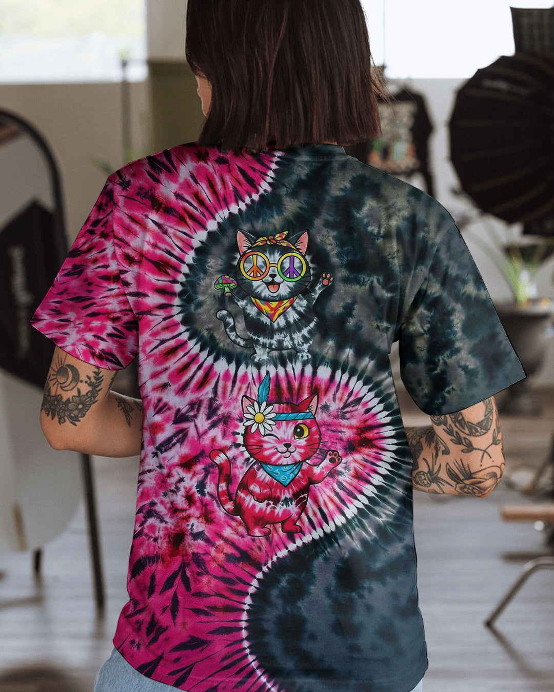 BLACK PINK PRISMATIC CATS ALL OVER PRINT - YHHG2301262
