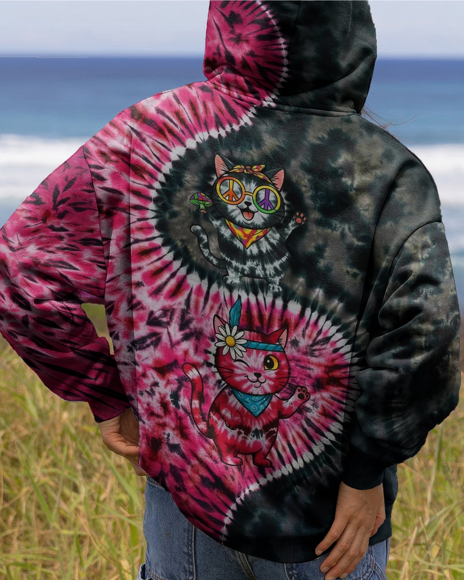 BLACK PINK PRISMATIC CATS ALL OVER PRINT - YHHG2301262