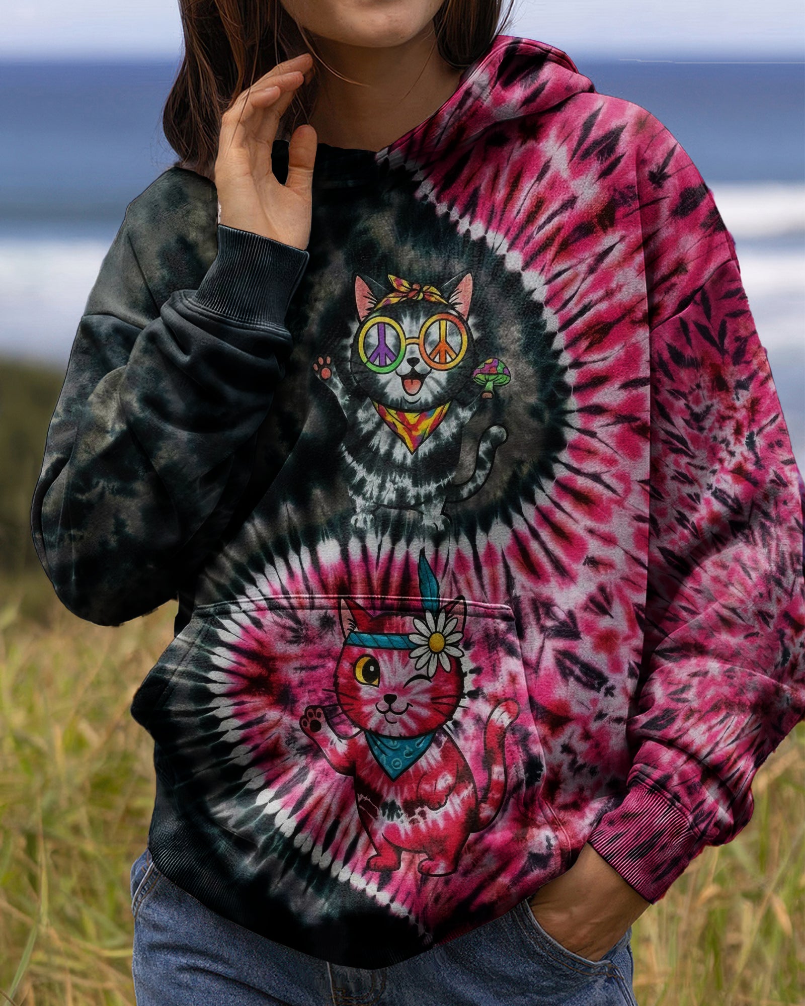 BLACK PINK PRISMATIC CATS ALL OVER PRINT - YHHG2301262