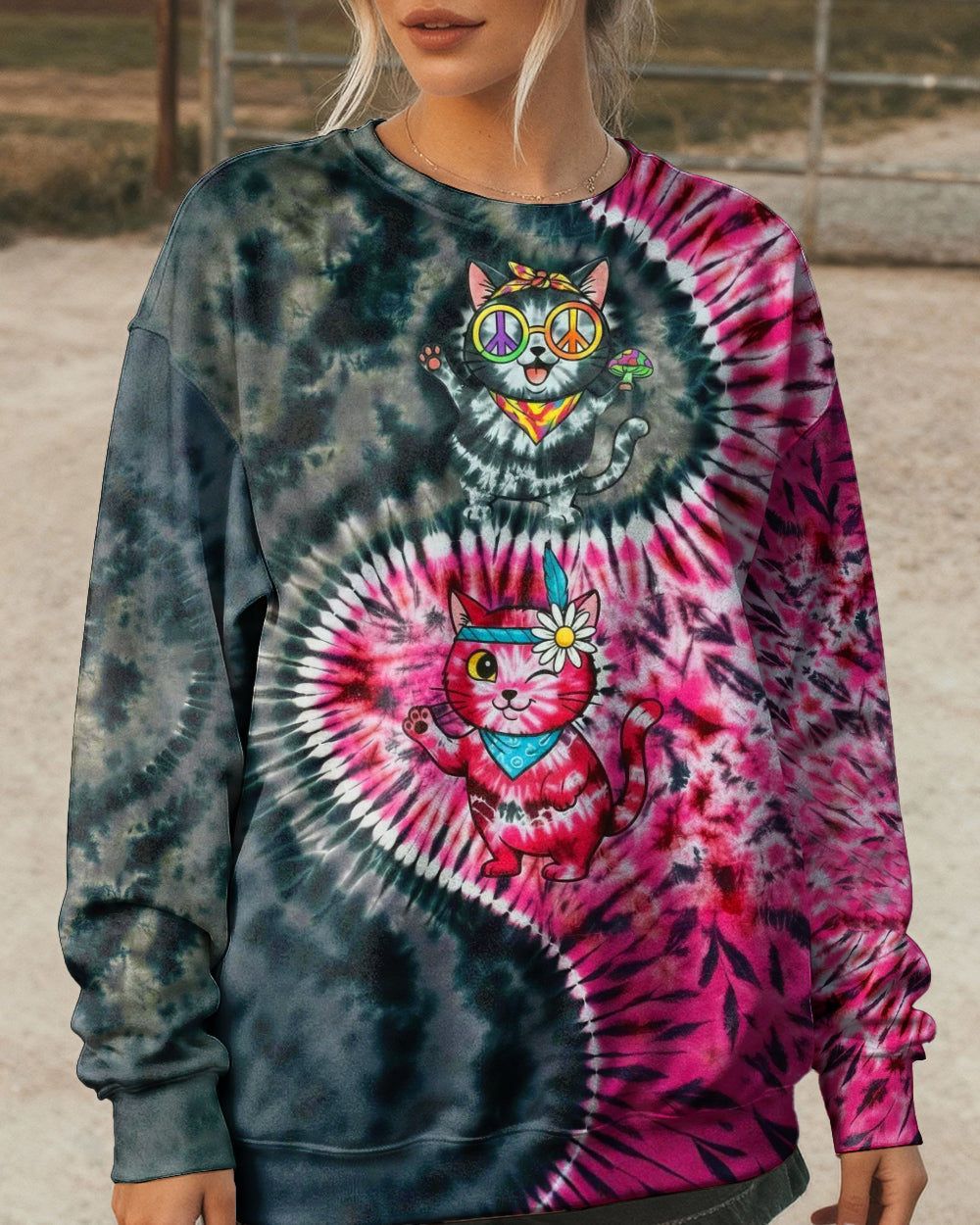BLACK PINK PRISMATIC CATS ALL OVER PRINT - YHHG2301262