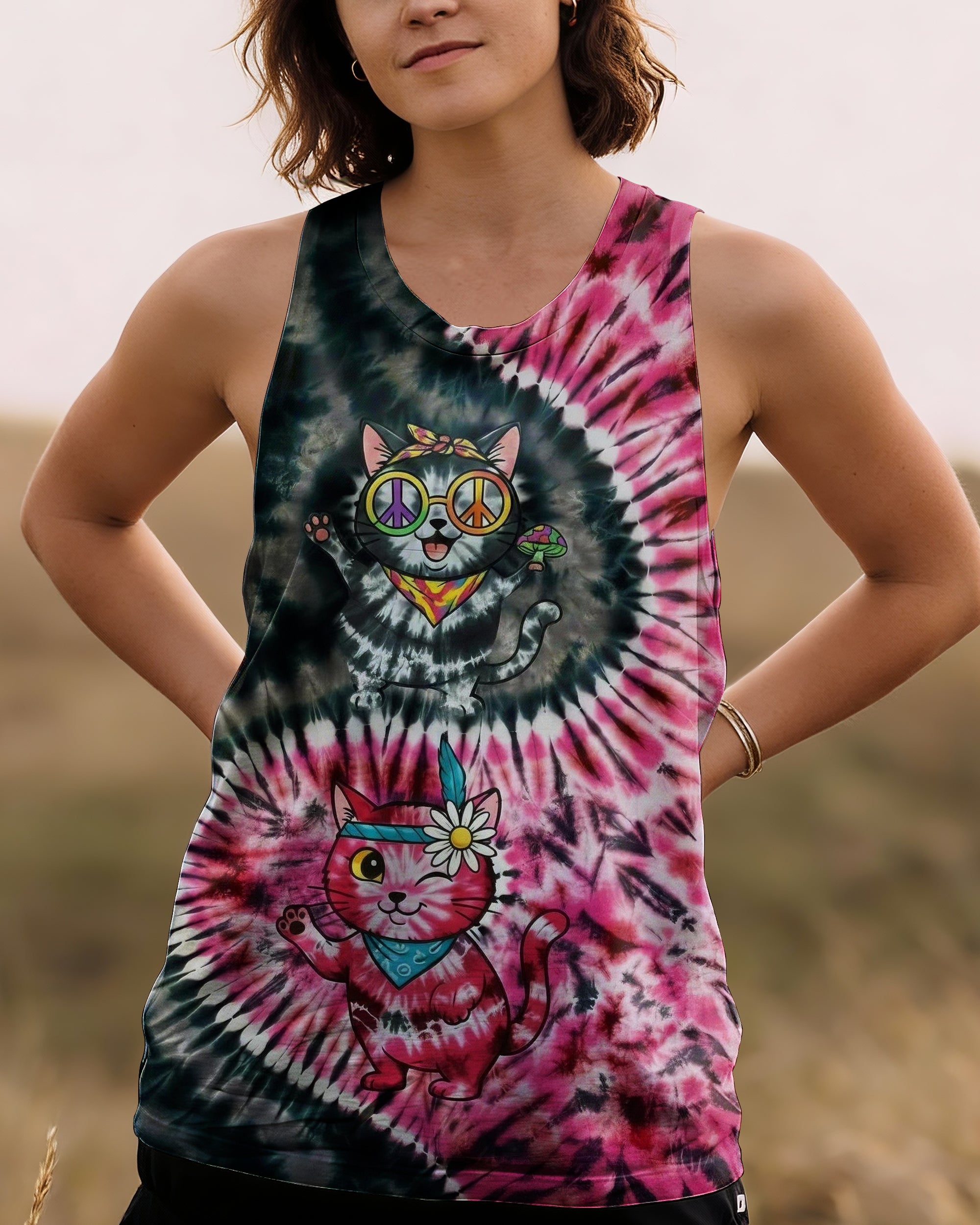 BLACK PINK PRISMATIC CATS ALL OVER PRINT - YHHG2301262