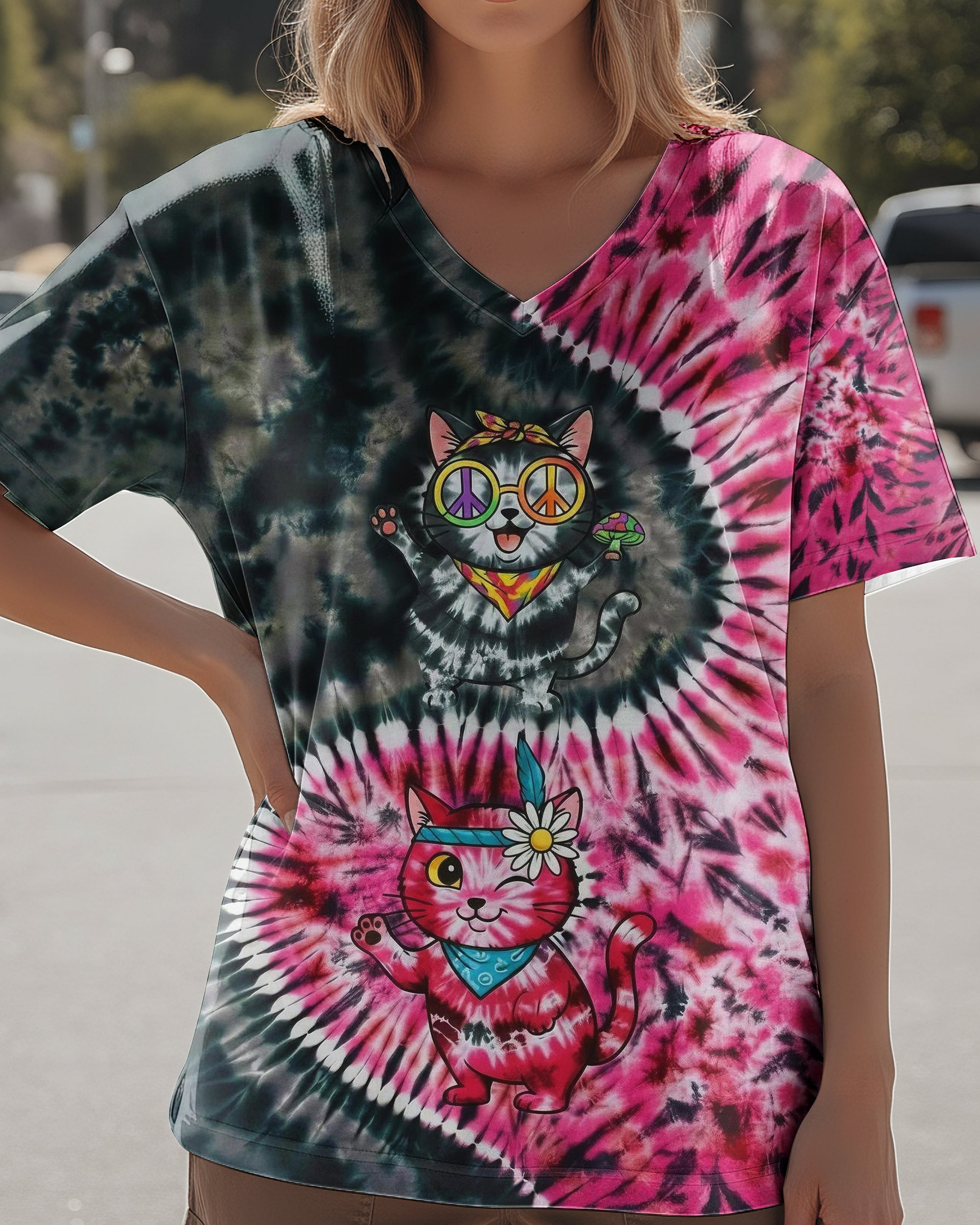 BLACK PINK PRISMATIC CATS ALL OVER PRINT - YHHG2301262
