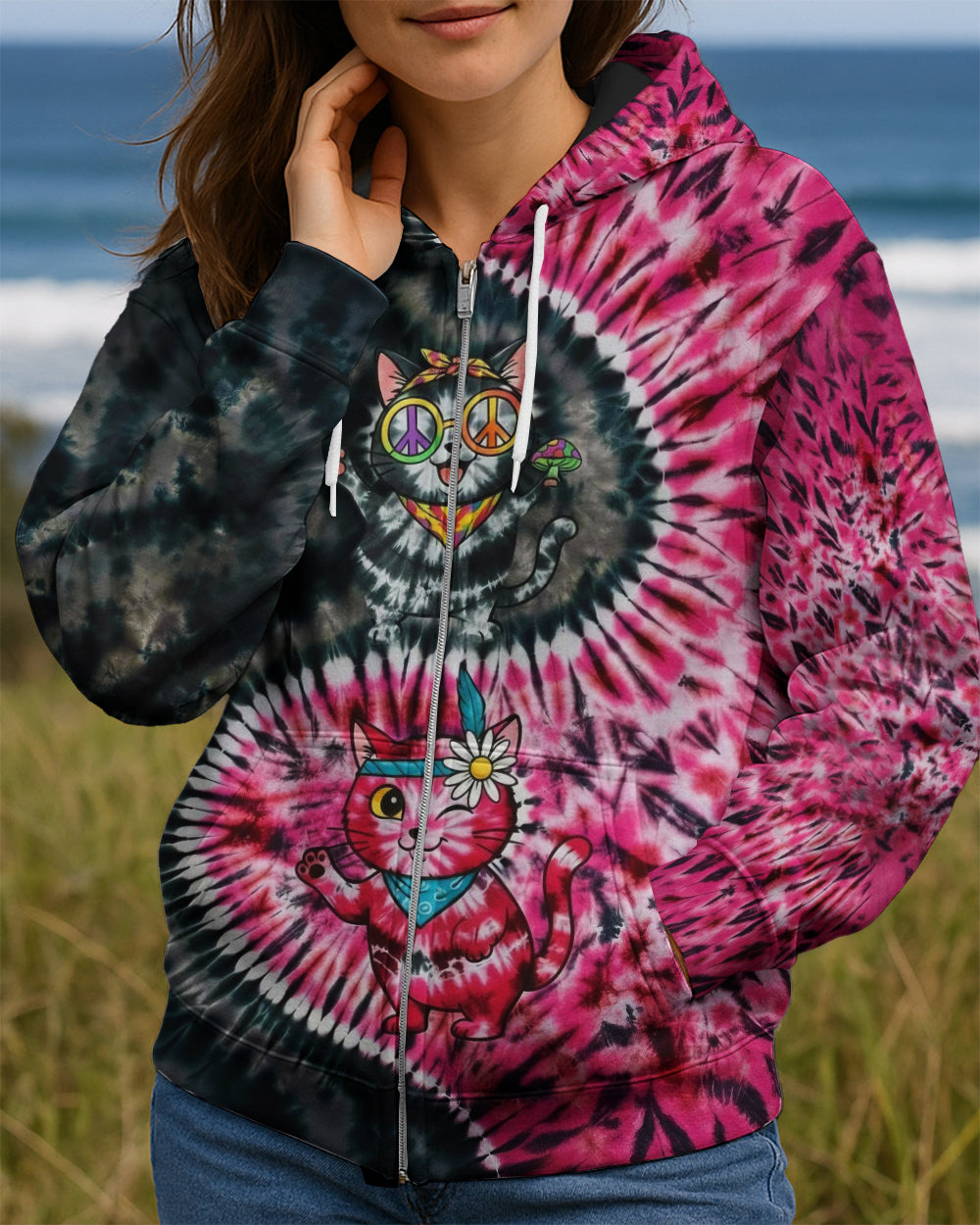 BLACK PINK PRISMATIC CATS ALL OVER PRINT - YHHG2301262