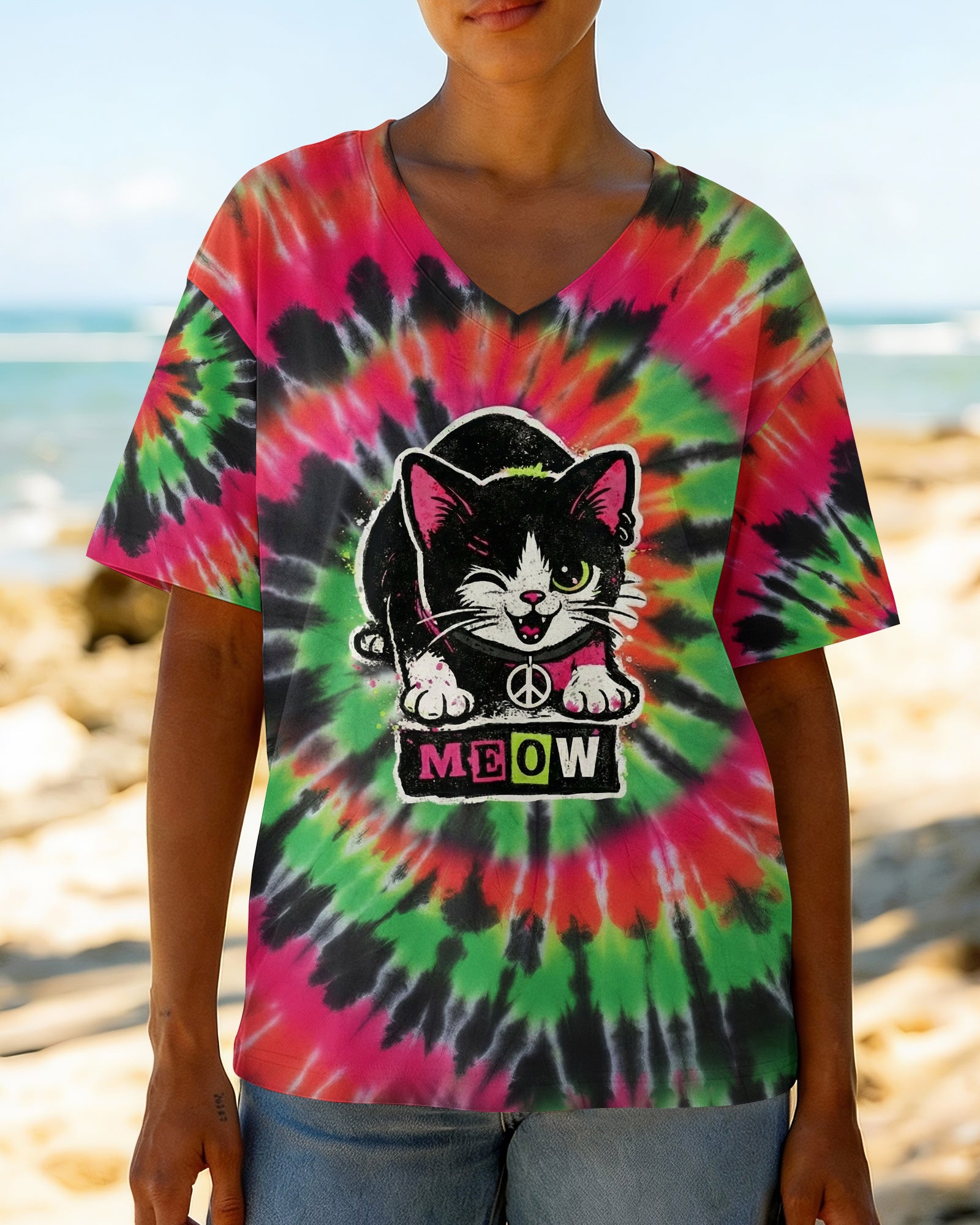 CAT MEOW PINK GREEN SWIRL ALL OVER PRINT - YHHG2901261