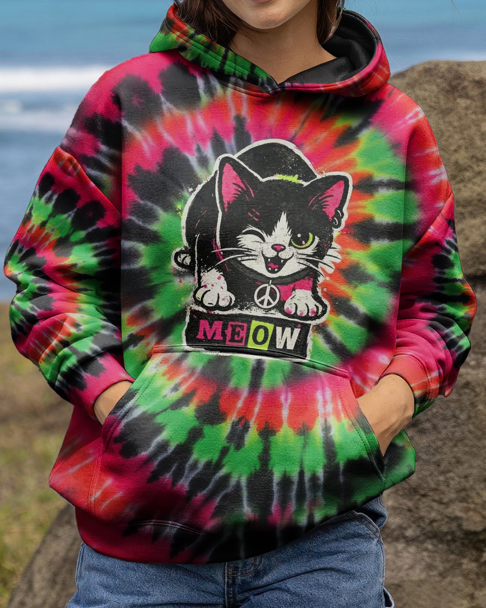 CAT MEOW PINK GREEN SWIRL ALL OVER PRINT - YHHG2901261