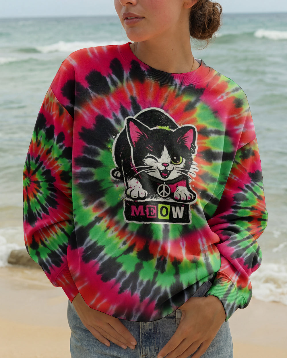 CAT MEOW PINK GREEN SWIRL ALL OVER PRINT - YHHG2901261