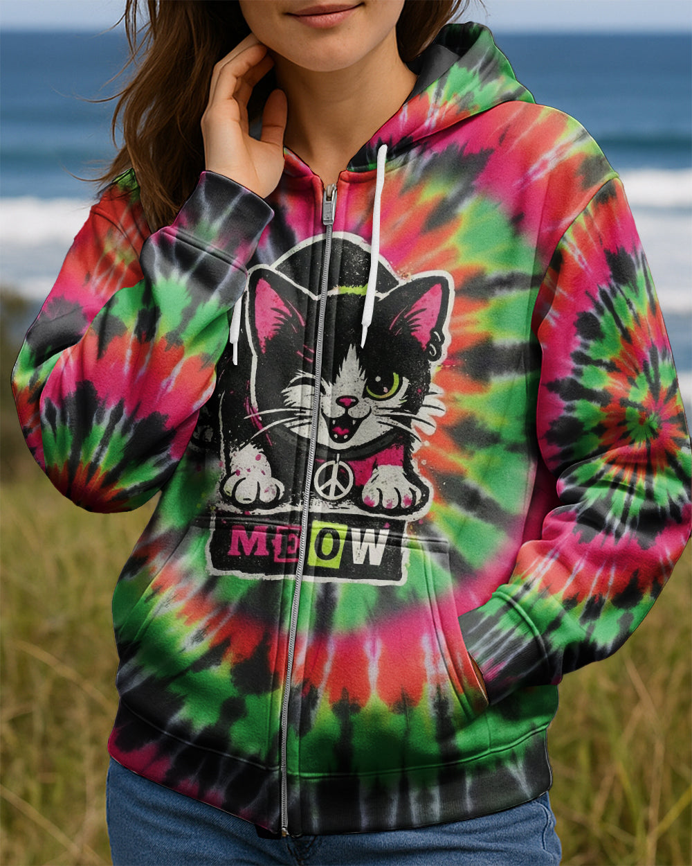 CAT MEOW PINK GREEN SWIRL ALL OVER PRINT - YHHG2901261