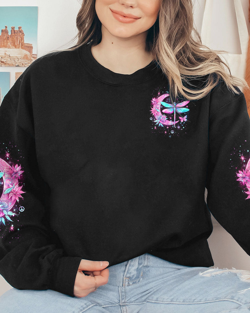 JUST BREATHE DRAGONFLY CRESENT MOON ALL OVER PRINT - YHKD2711231