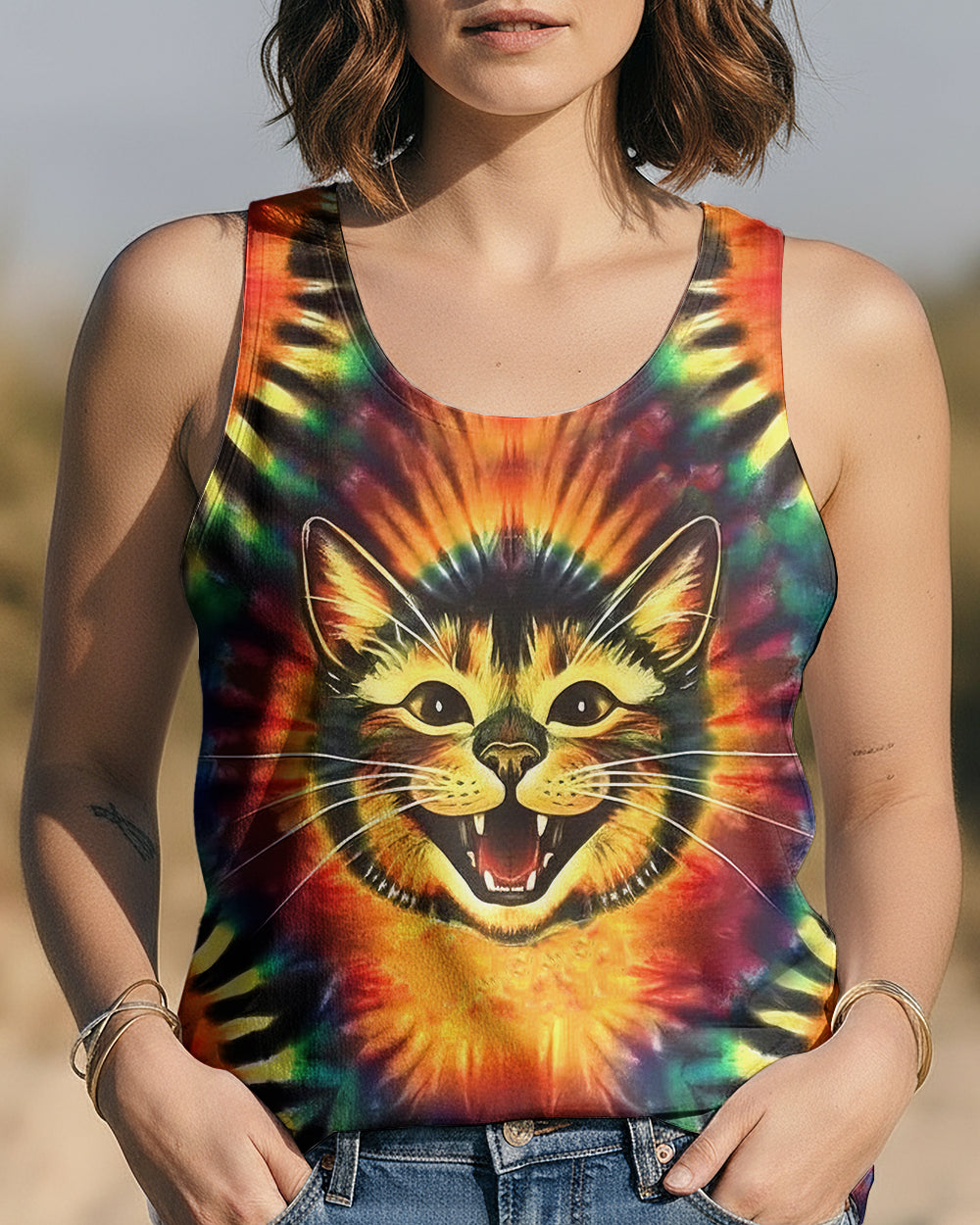 RAINBOW SWIRL HAPPY CAT ALL OVER PRINT - YHLN1301252
