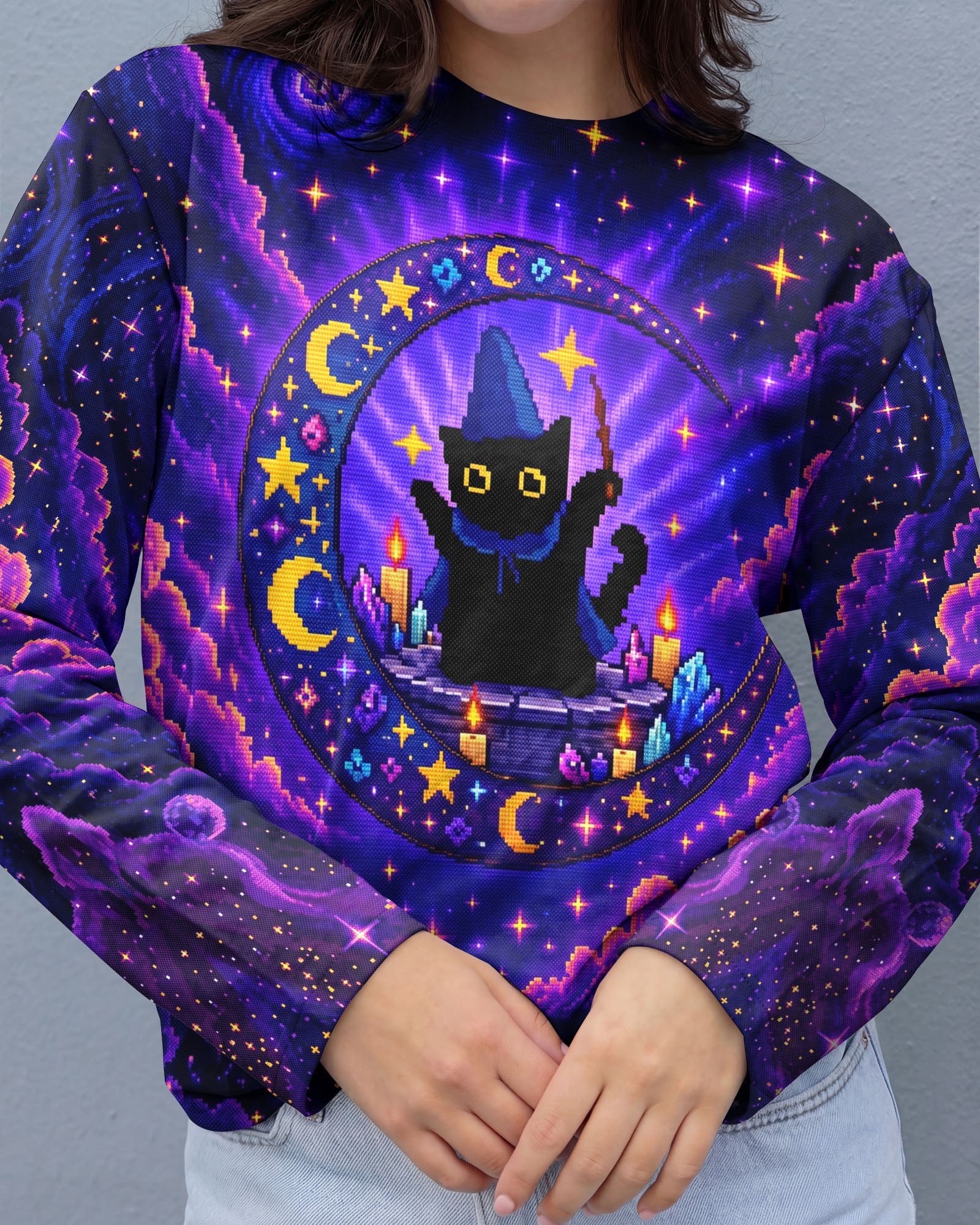 A WEE BIT WICKED BLACK CAT WITCH MOON ALL OVER PRINT - KMTM2207261