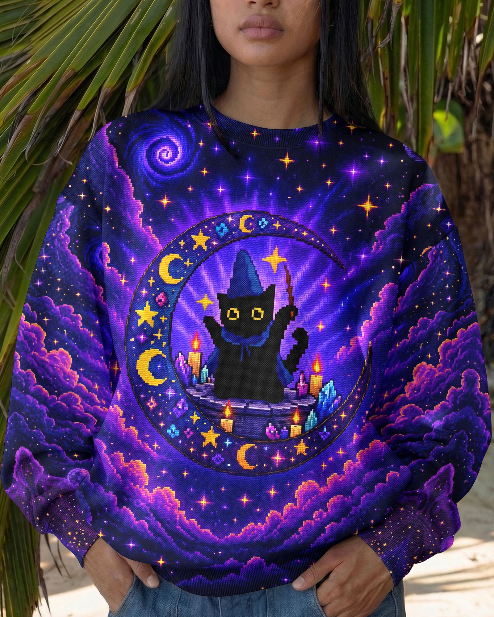 A WEE BIT WICKED BLACK CAT WITCH MOON ALL OVER PRINT - KMTM2207261