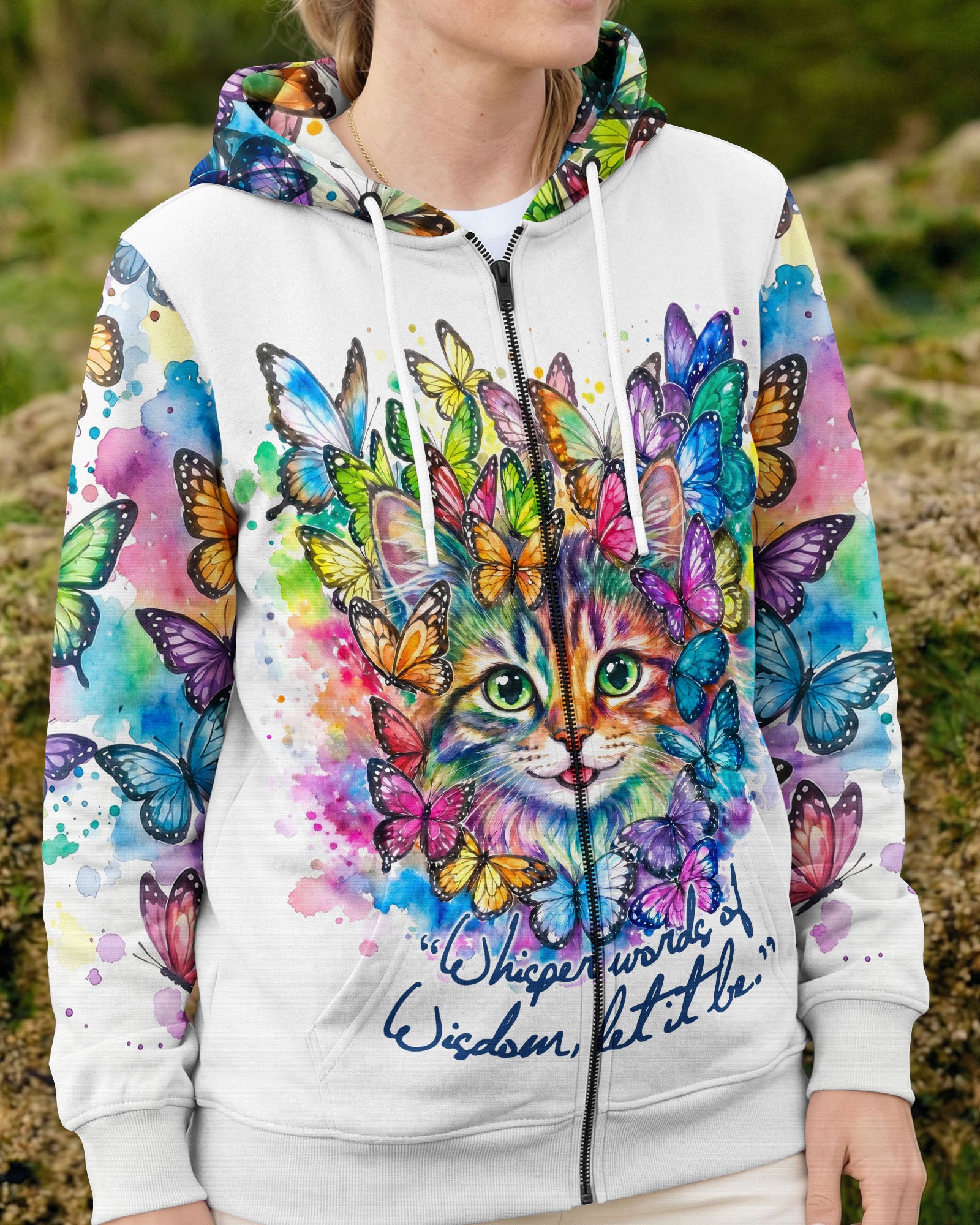 WHISPER WORDS OF WISDOM BUTTERFLY CAT WATERCOLOR ALL OVER PRINT - RI1505261