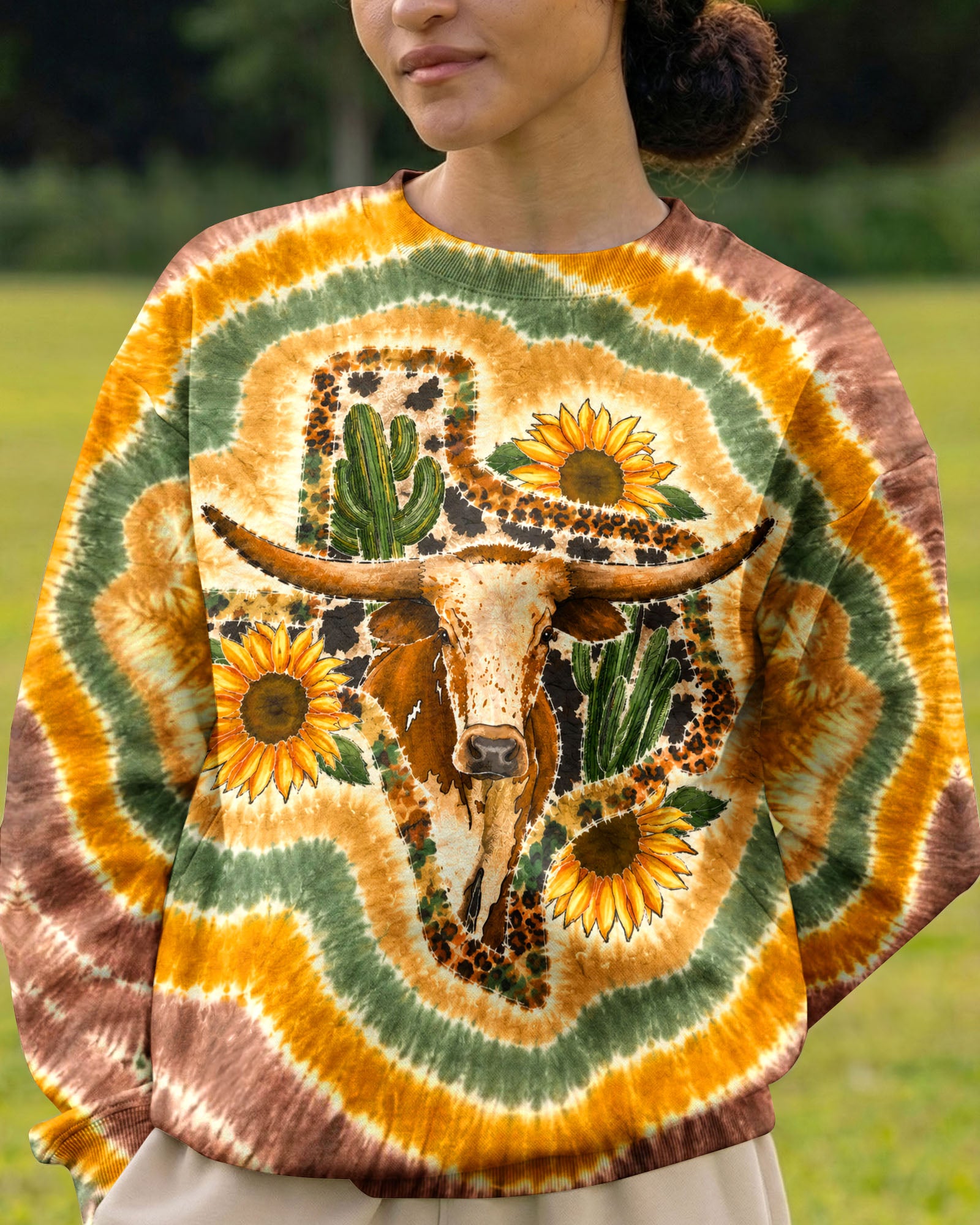 LONGHORN SUNFLOWER TEXAS MAP SWIRL ALL OVER PRINT   - TLHN2906261