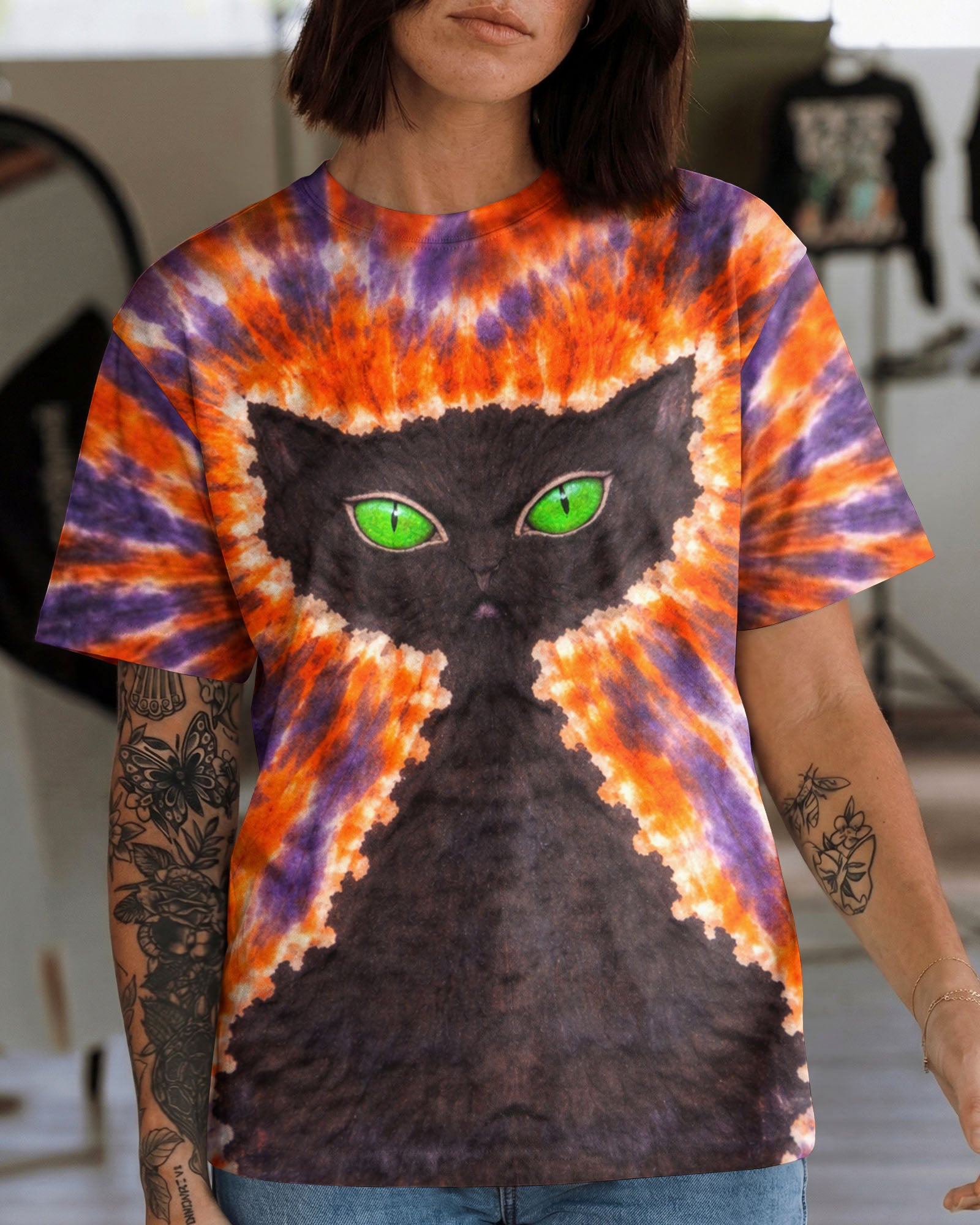 BLACK CAT PURPLE & ORANGE SWIRL ALL OVER PRINT - TLHN3103263