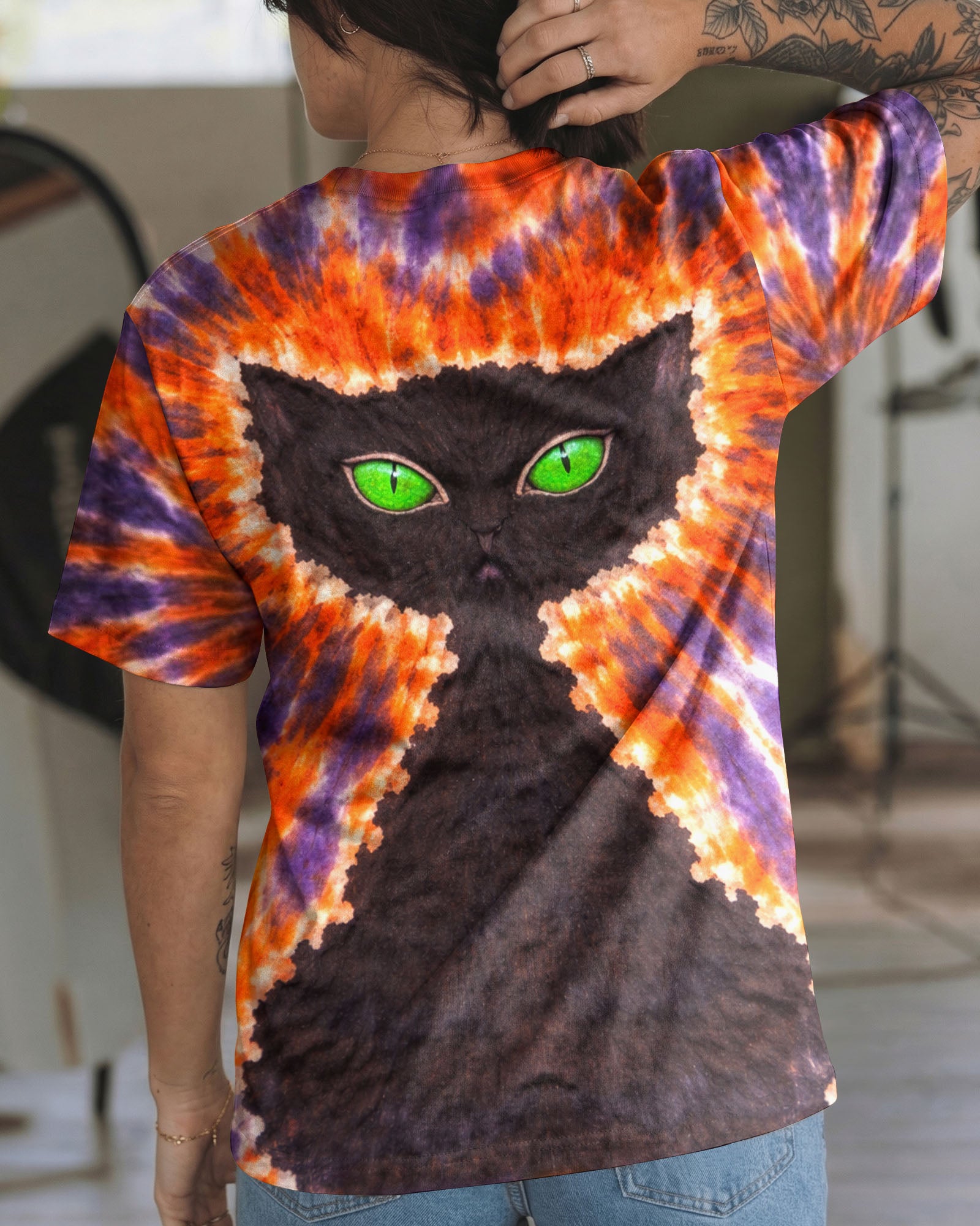 BLACK CAT PURPLE & ORANGE SWIRL ALL OVER PRINT - TLHN3103263