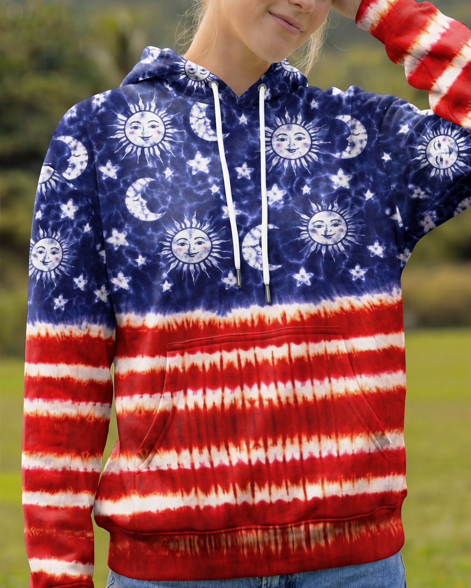 SUN MOON STARS RED WHITE & BLUE SWIRL ALL OVER PRINT - TLNO0104262