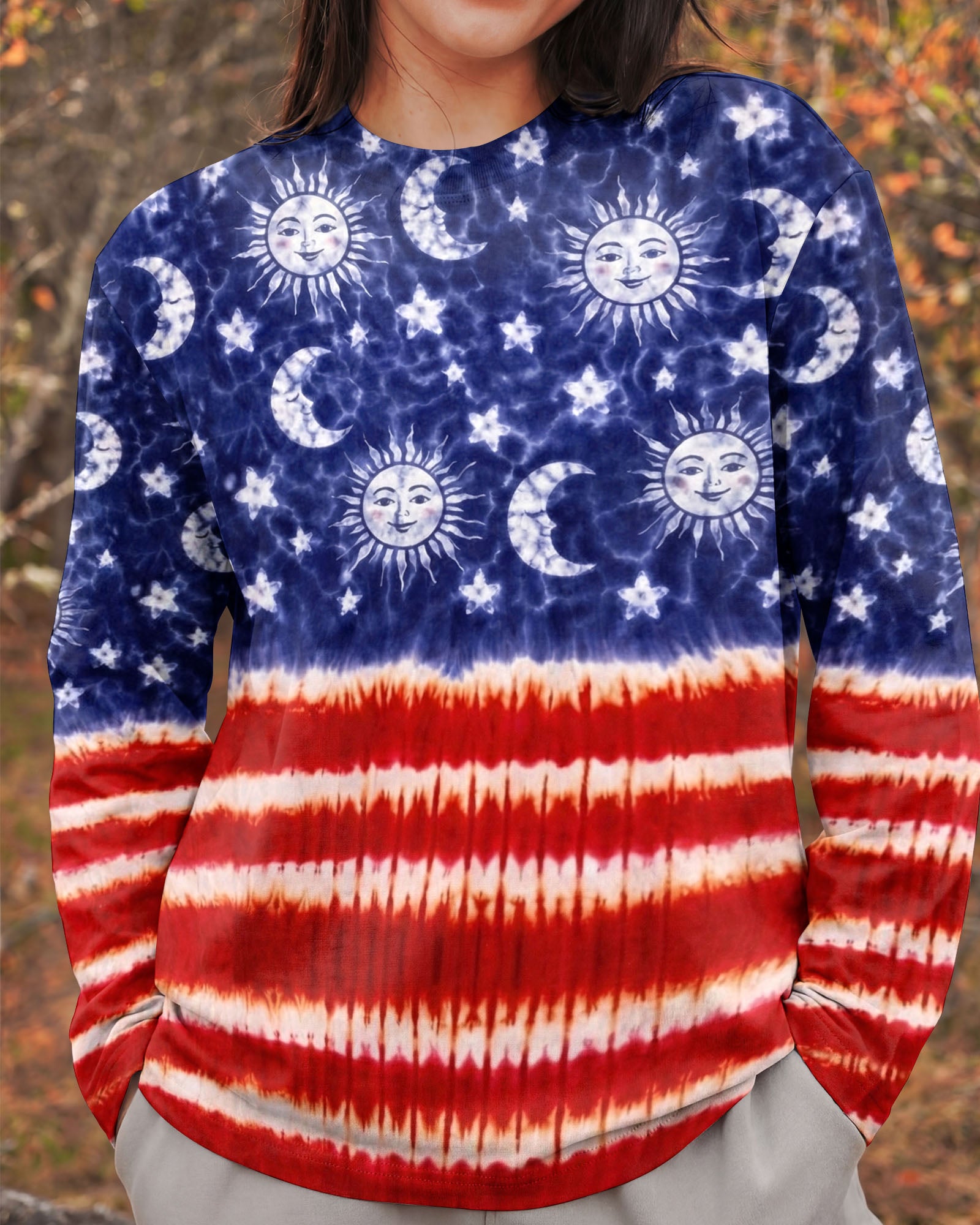 SUN MOON STARS RED WHITE & BLUE SWIRL ALL OVER PRINT - TLNO0104262