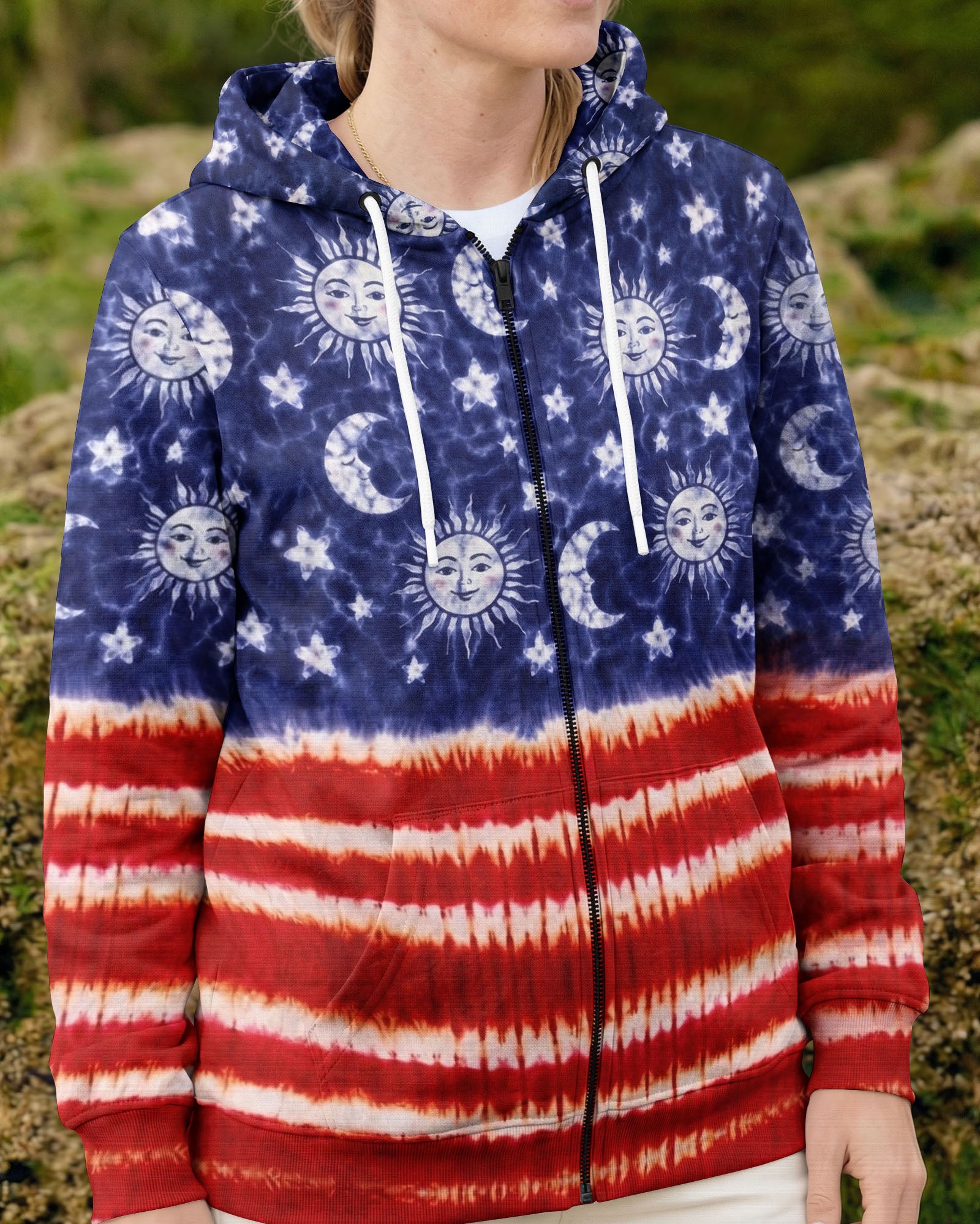 SUN MOON STARS RED WHITE & BLUE SWIRL ALL OVER PRINT - TLNO0104262