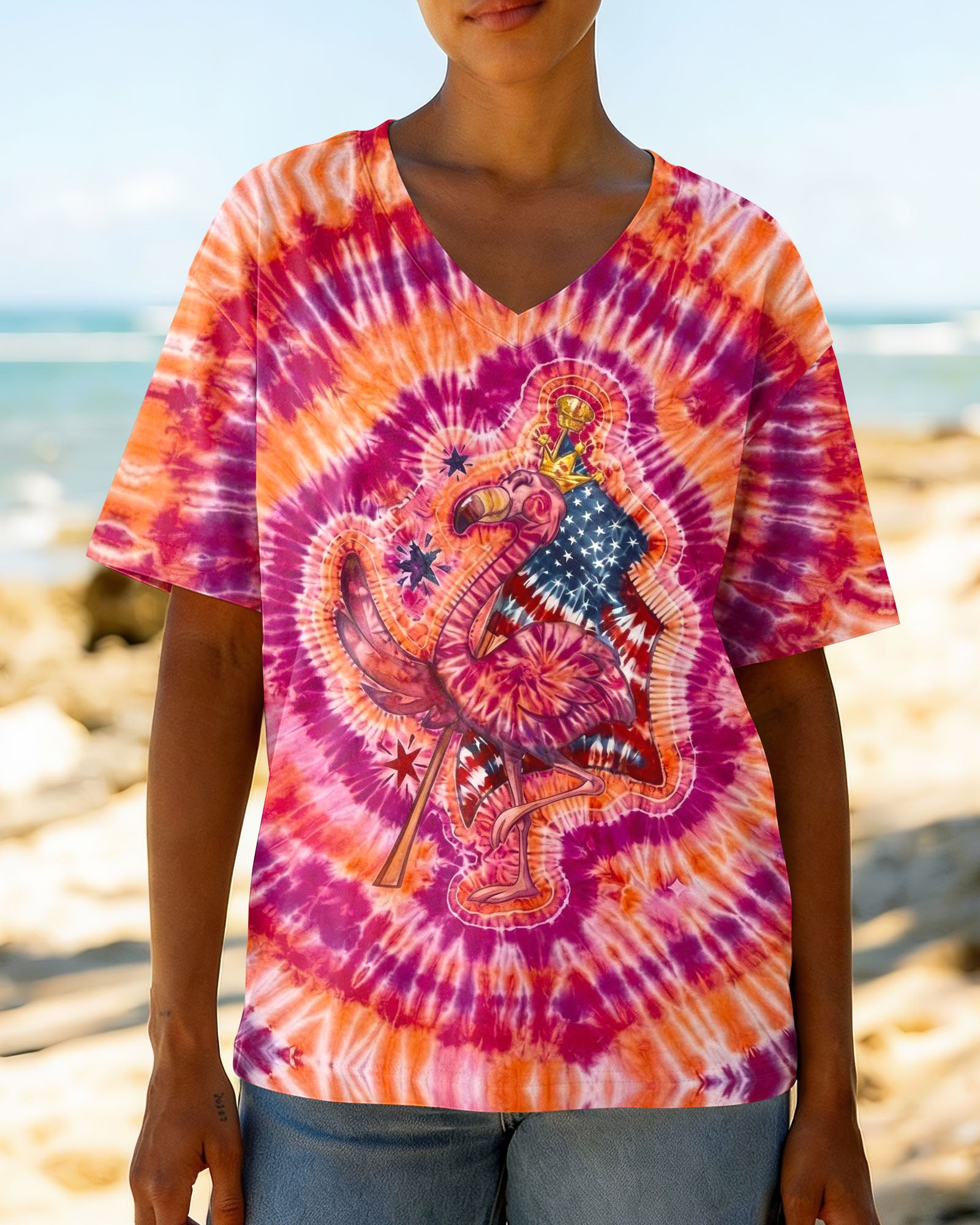 RED WHITE & BLUE FLAMINGO  SWIRL ALL OVER PRINT - TLNO1903261