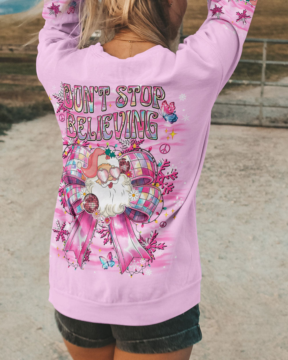 DON'T STOP BELIEVING CHRISTMAS BOW SANTA CLAUS ALL OVER PRINT  - TLNT1211245