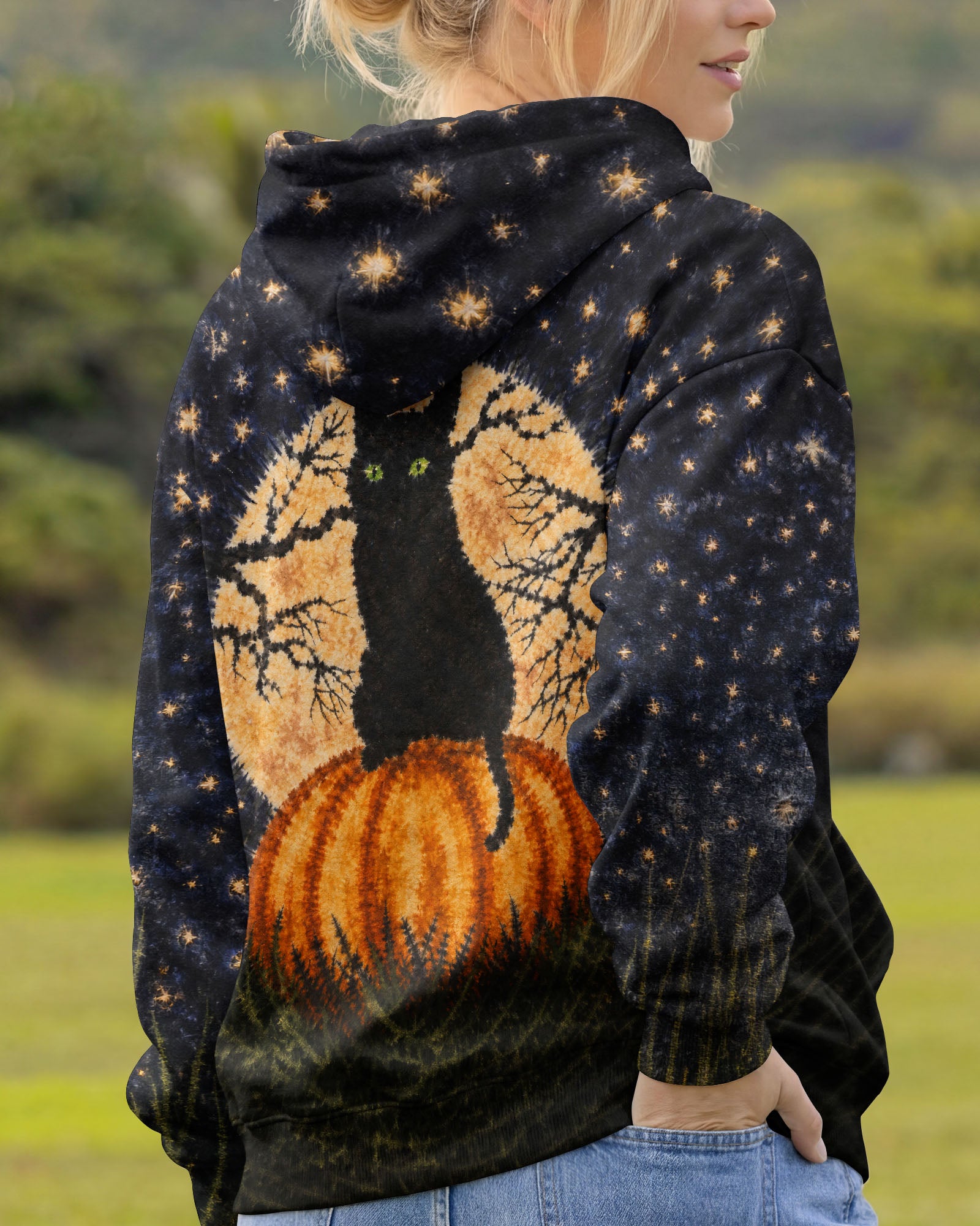 BLACK CAT ON PUMPKIN FULL MOON HALLOWEEN ALL OVER PRINT  - TLNT2407262
