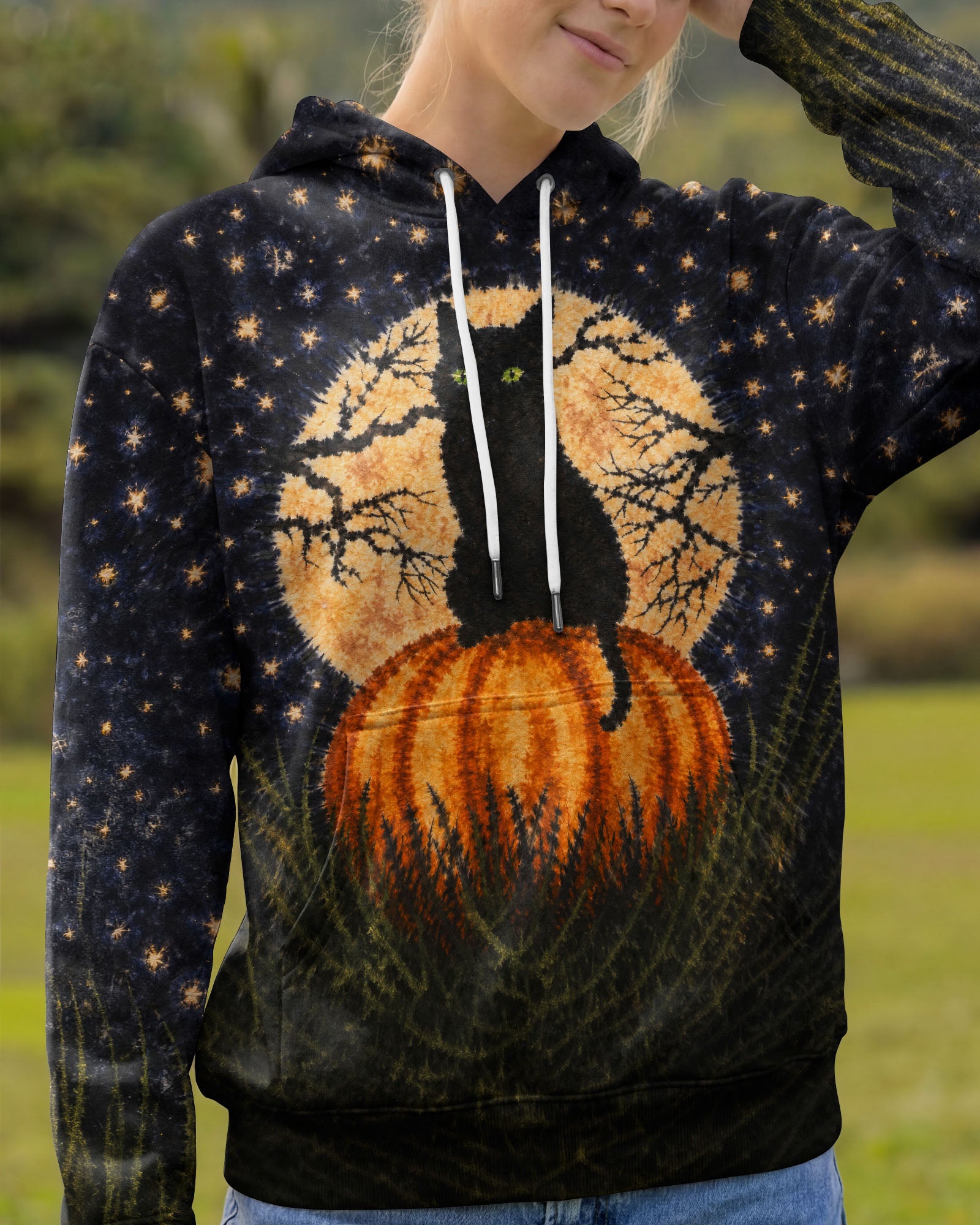 BLACK CAT ON PUMPKIN FULL MOON HALLOWEEN ALL OVER PRINT  - TLNT2407262