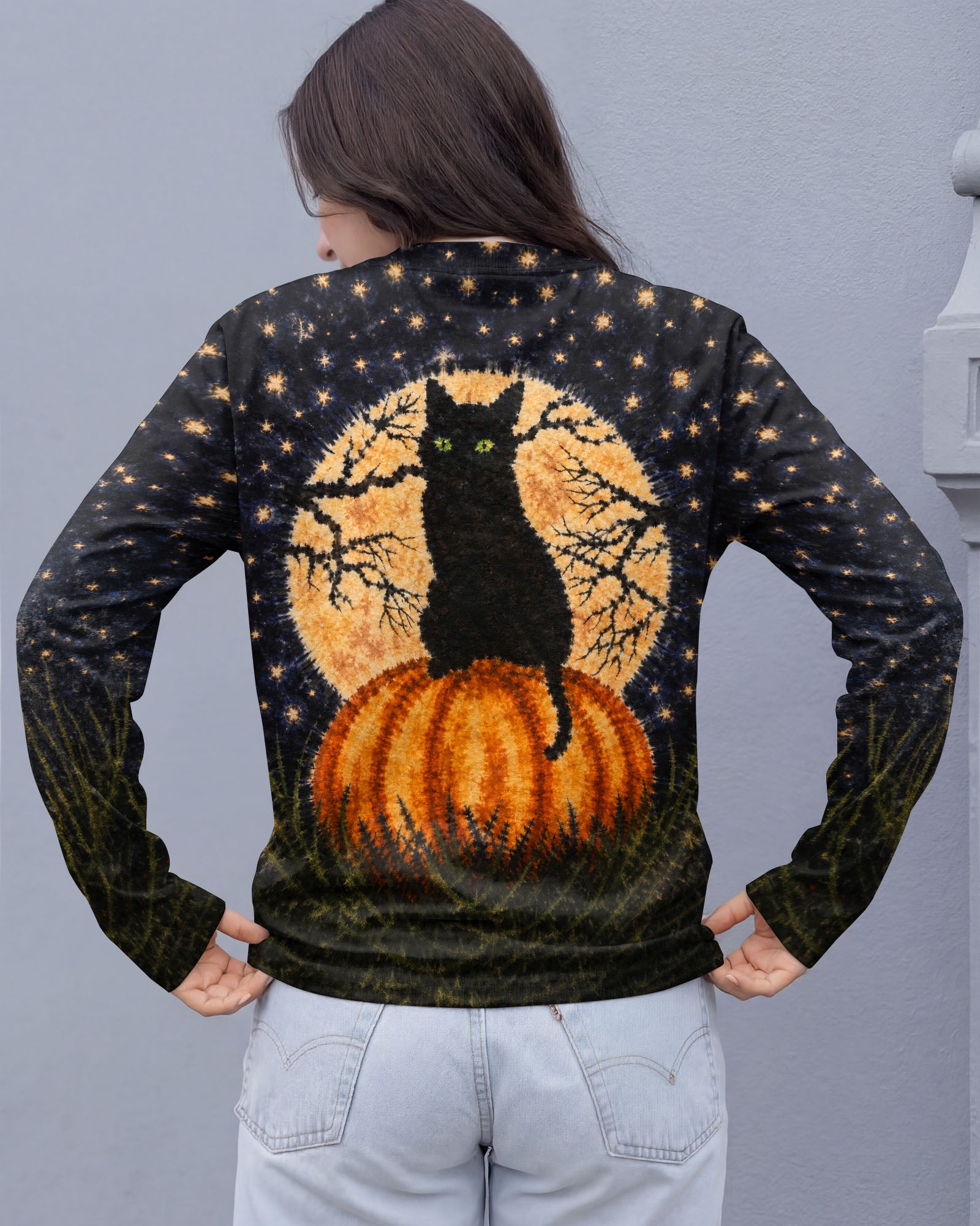 BLACK CAT ON PUMPKIN FULL MOON HALLOWEEN ALL OVER PRINT  - TLNT2407262