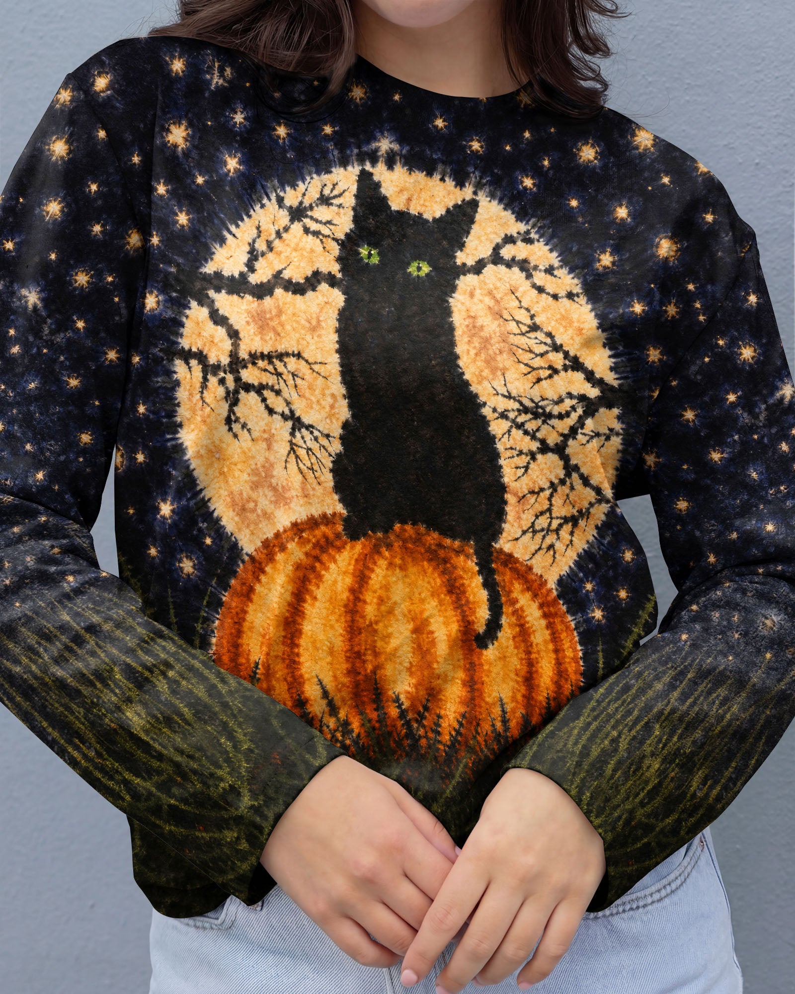 BLACK CAT ON PUMPKIN FULL MOON HALLOWEEN ALL OVER PRINT  - TLNT2407262