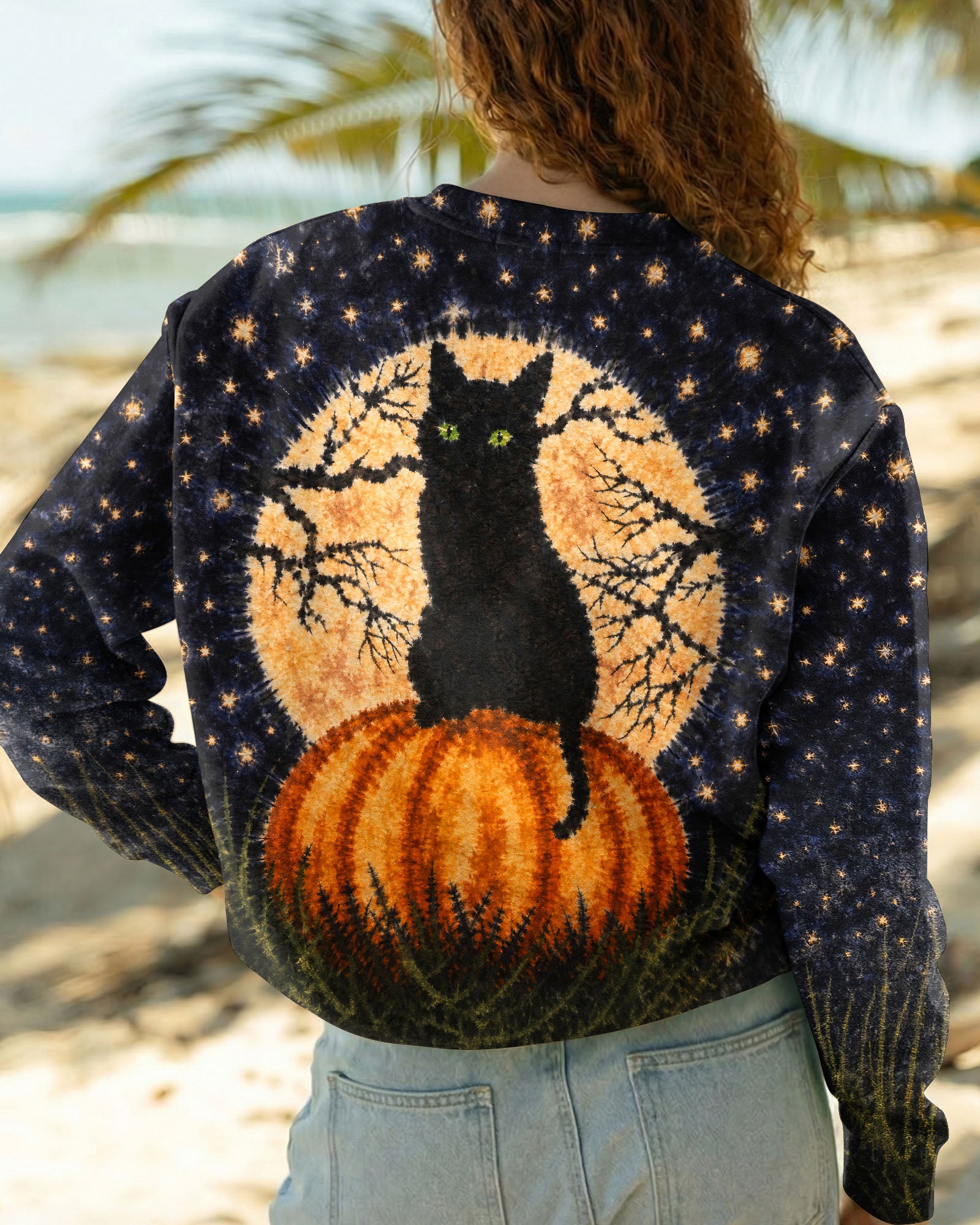 BLACK CAT ON PUMPKIN FULL MOON HALLOWEEN ALL OVER PRINT  - TLNT2407262