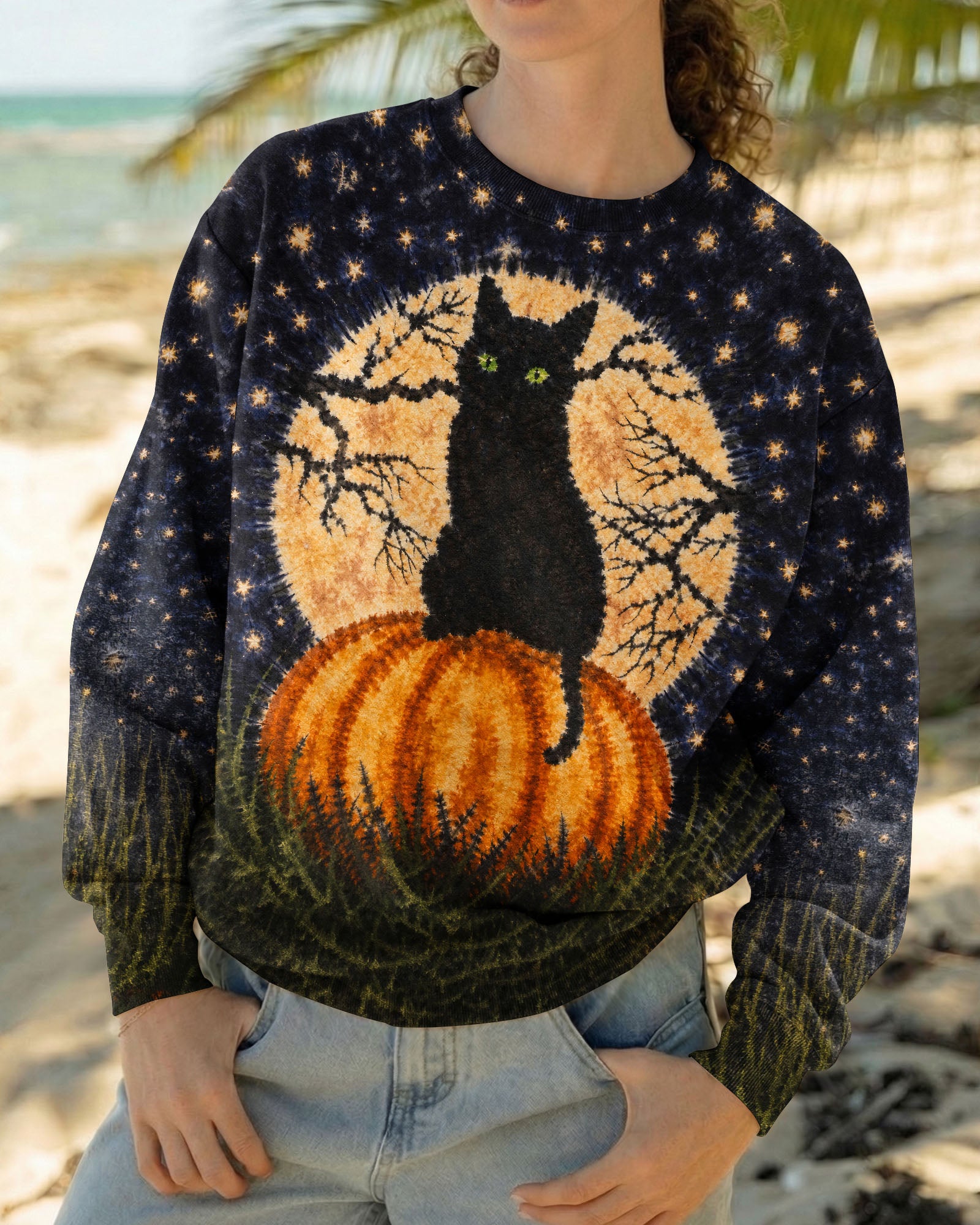 BLACK CAT ON PUMPKIN FULL MOON HALLOWEEN ALL OVER PRINT  - TLNT2407262