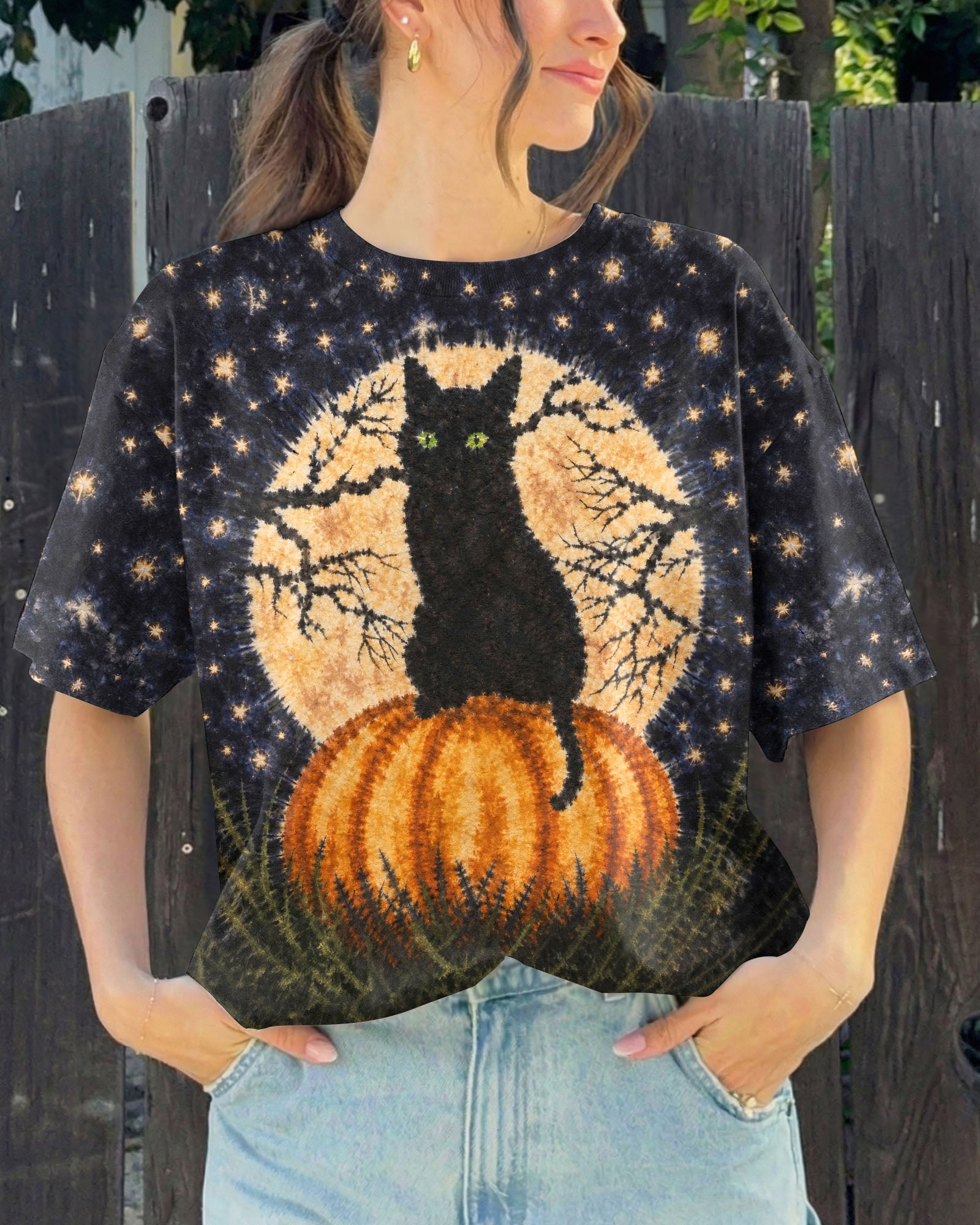 BLACK CAT ON PUMPKIN FULL MOON HALLOWEEN ALL OVER PRINT  - TLNT2407262