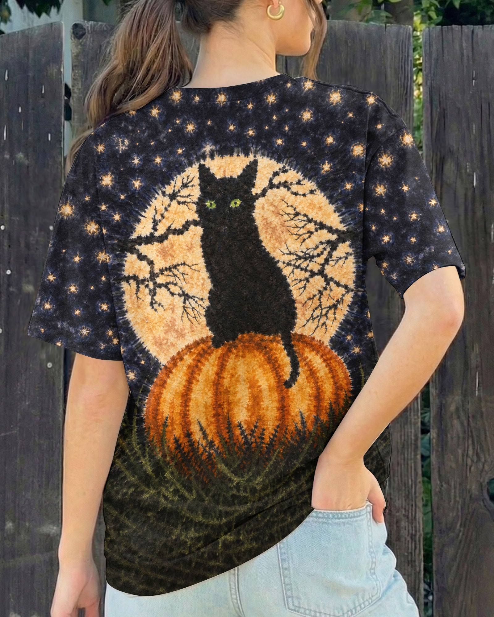 BLACK CAT ON PUMPKIN FULL MOON HALLOWEEN ALL OVER PRINT  - TLNT2407262