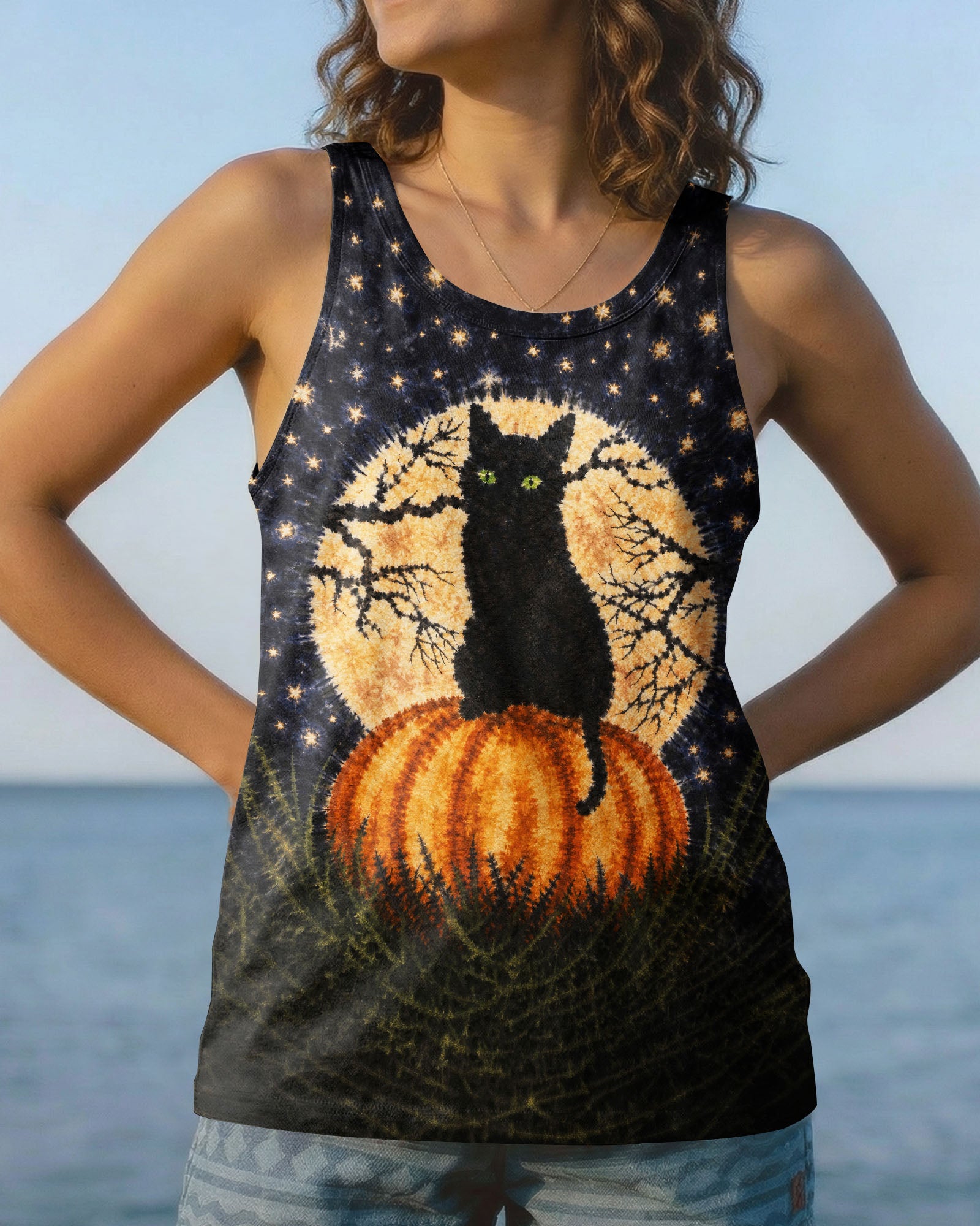 BLACK CAT ON PUMPKIN FULL MOON HALLOWEEN ALL OVER PRINT  - TLNT2407262