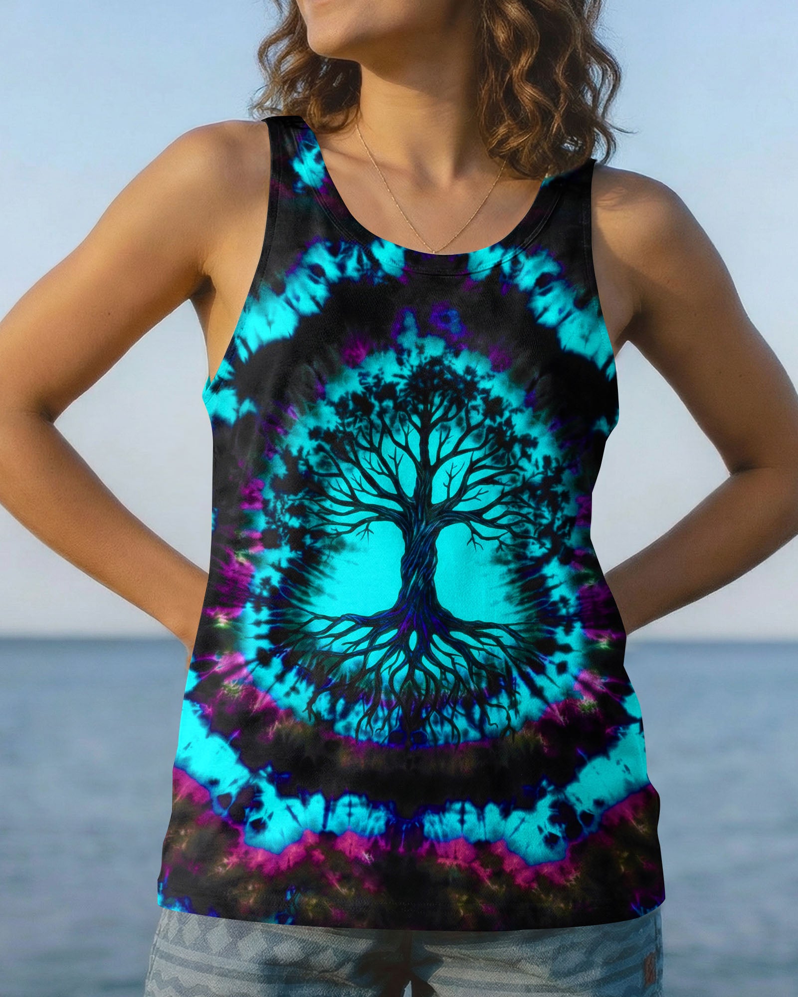 NEON TEAL SWIRL TREE OF LIFE ALL OVER PRINT - YHHN0202262